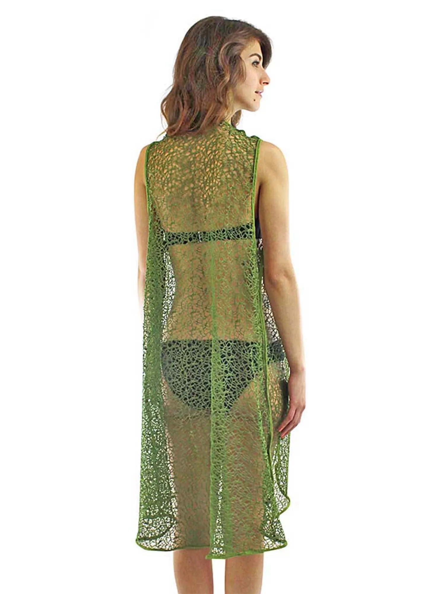 Olive Green Long Mesh Beach Cover Up Vest For Swimsuit