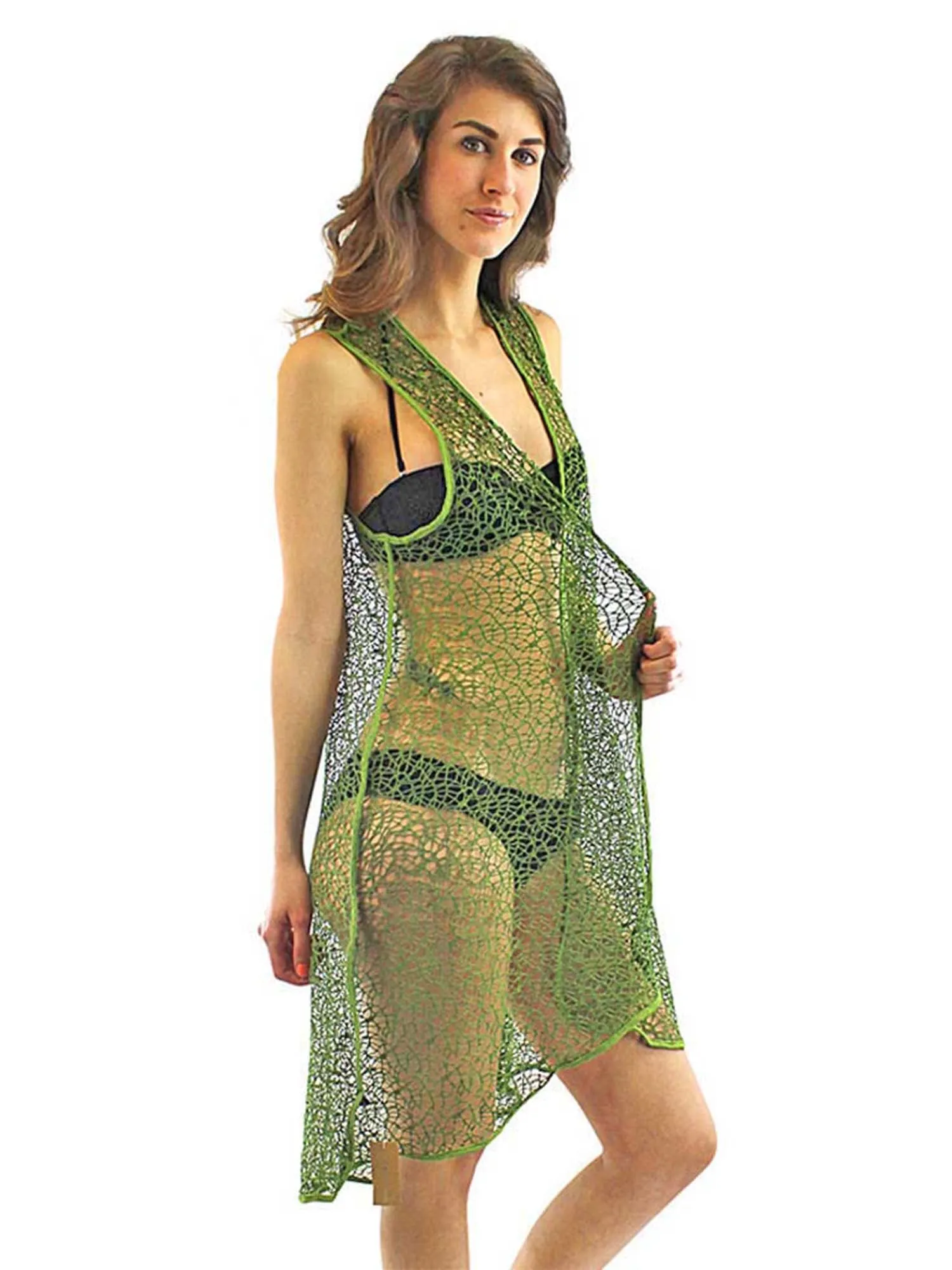 Olive Green Long Mesh Beach Cover Up Vest For Swimsuit