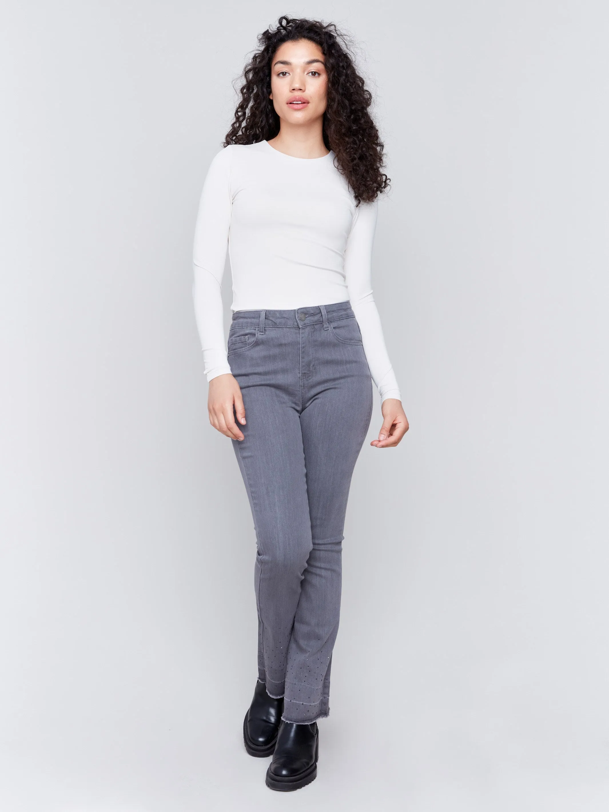 Ombre Hem Flare Jeans with Studs - Medium Grey