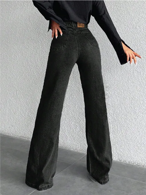 Onyx Black Stone Wash Wide Leg High Rise Jeans