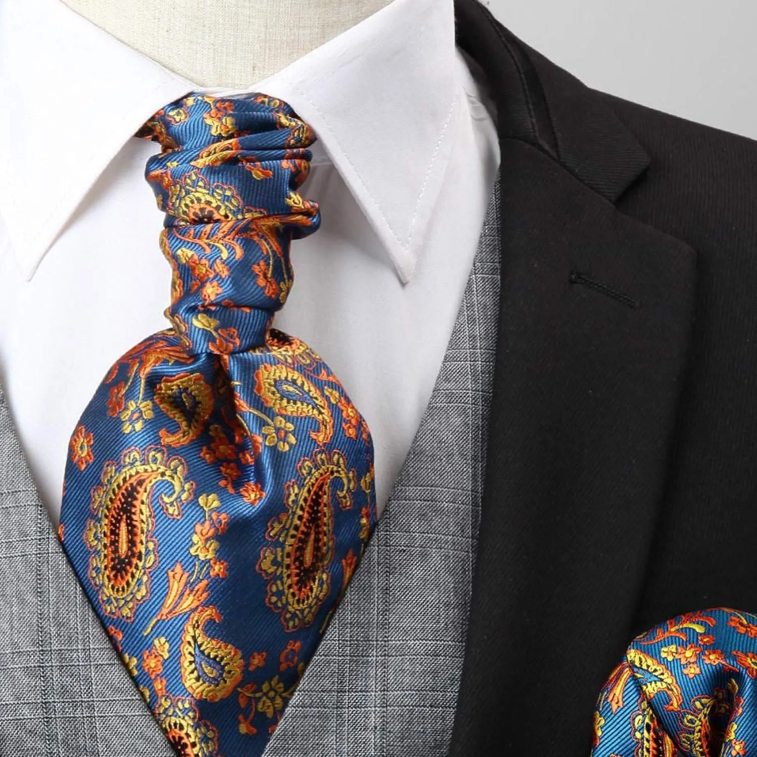 Paisley Ascot Handkerchief Set - A-BLUE/ORANGE