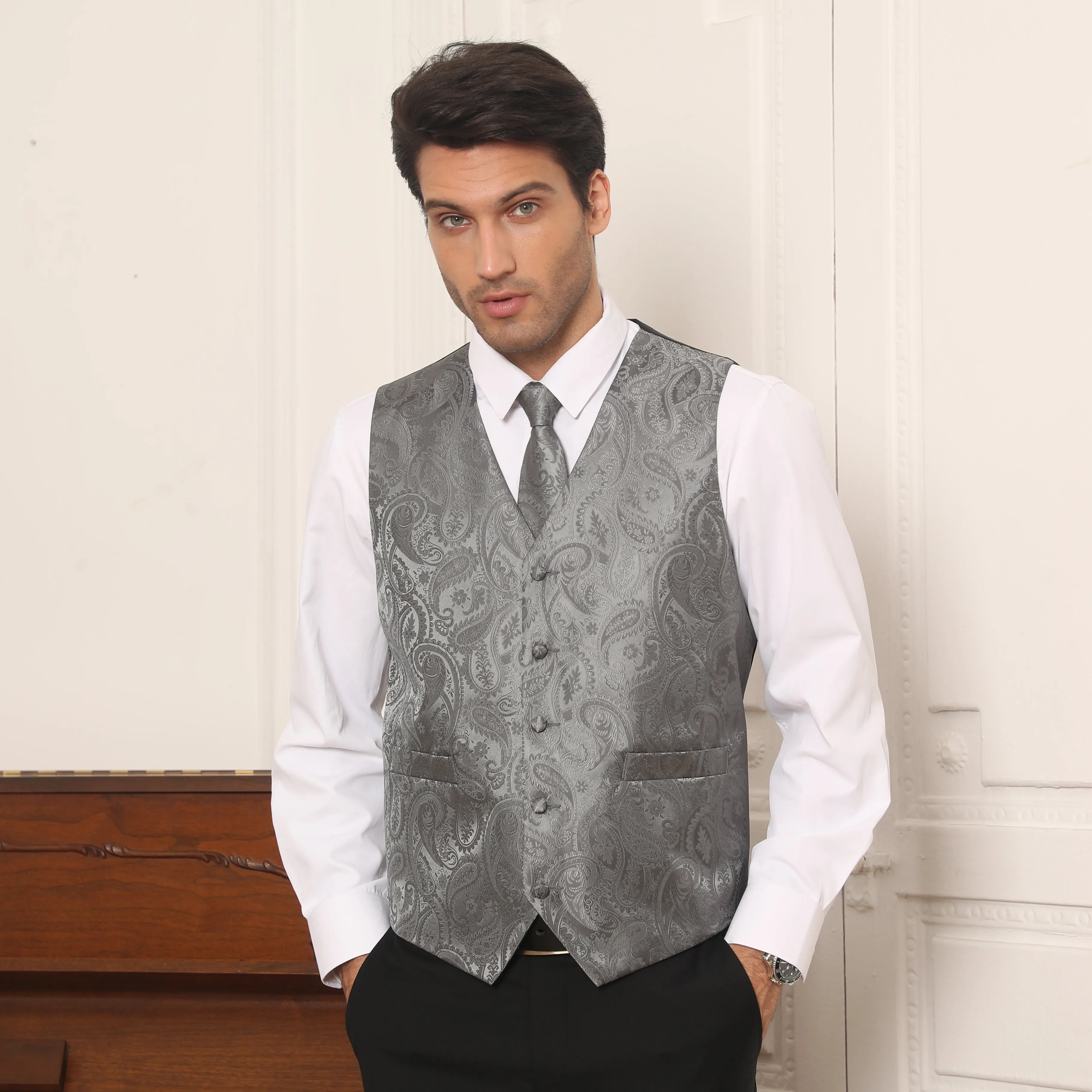 Paisley Floral 3pc Suit Vest Set - GREY