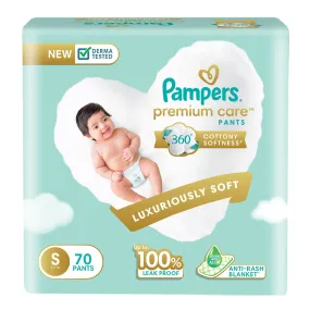 Pampers Premium Care Pants Style Baby Diapers, Small (S) Size, 70 Count, All-in-1 Diapers with 360 Cottony Softness, 4-8kg Diapers