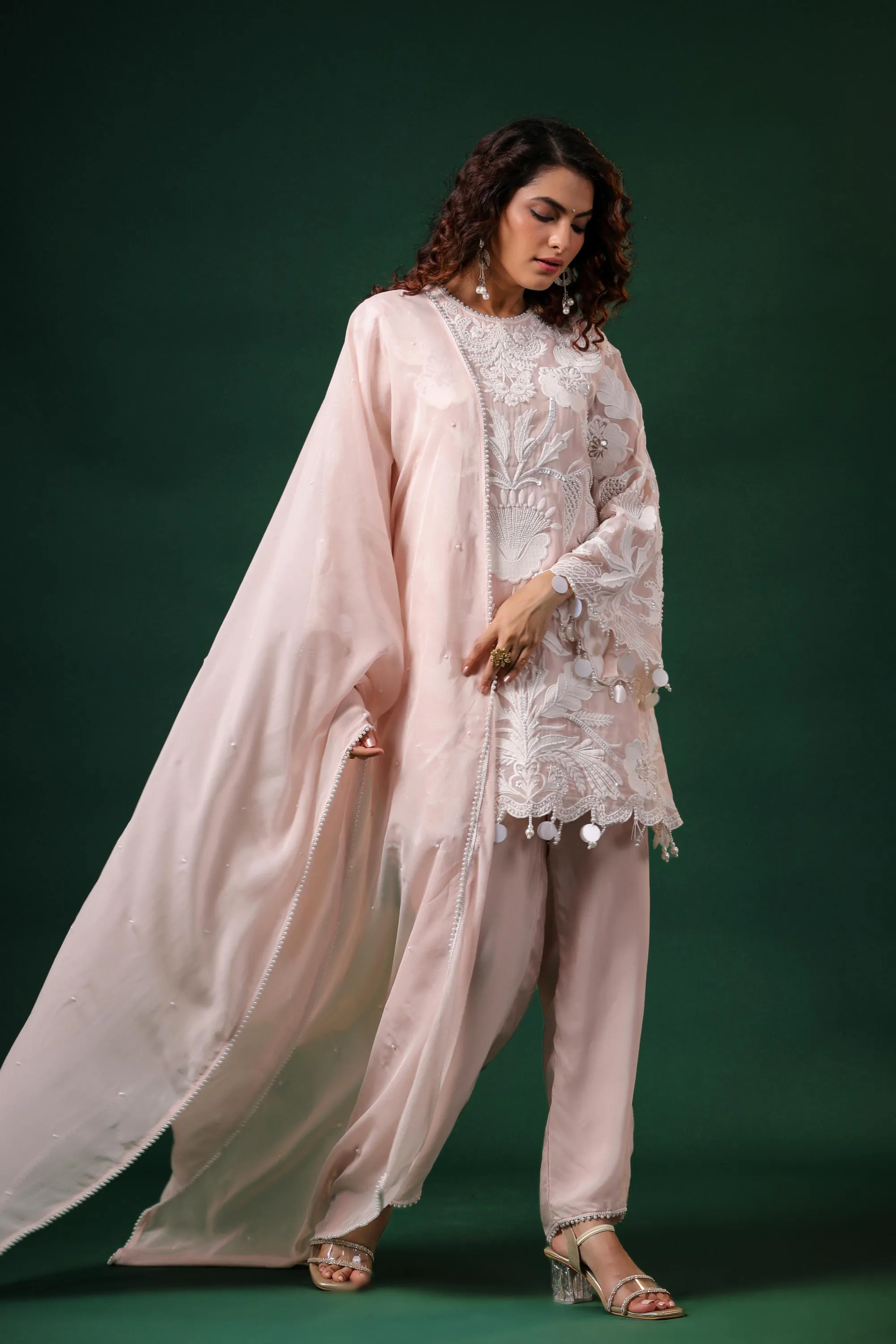 Pastel Pink Embroidered Premium Organza Silk Pants Set