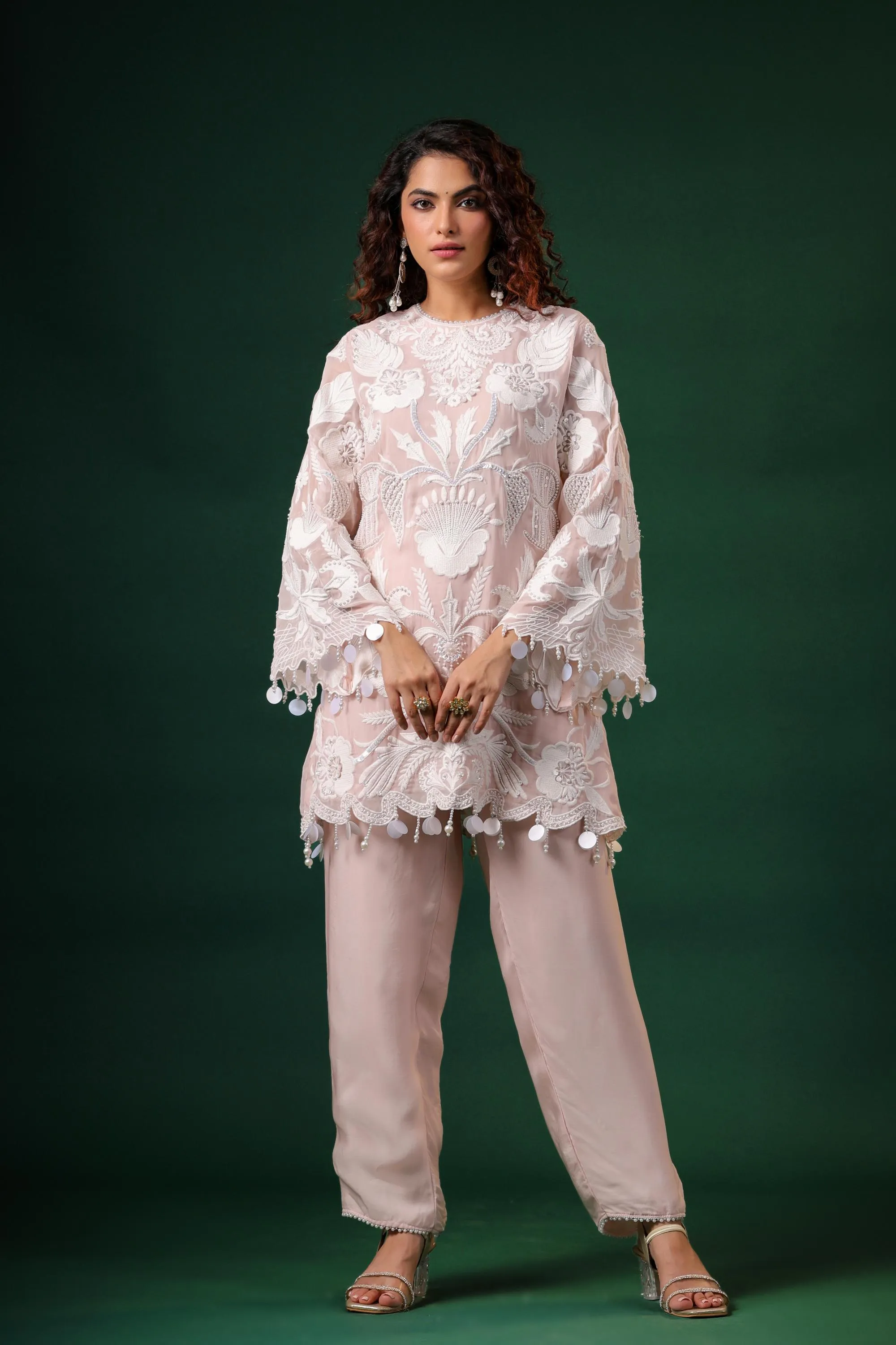 Pastel Pink Embroidered Premium Organza Silk Pants Set