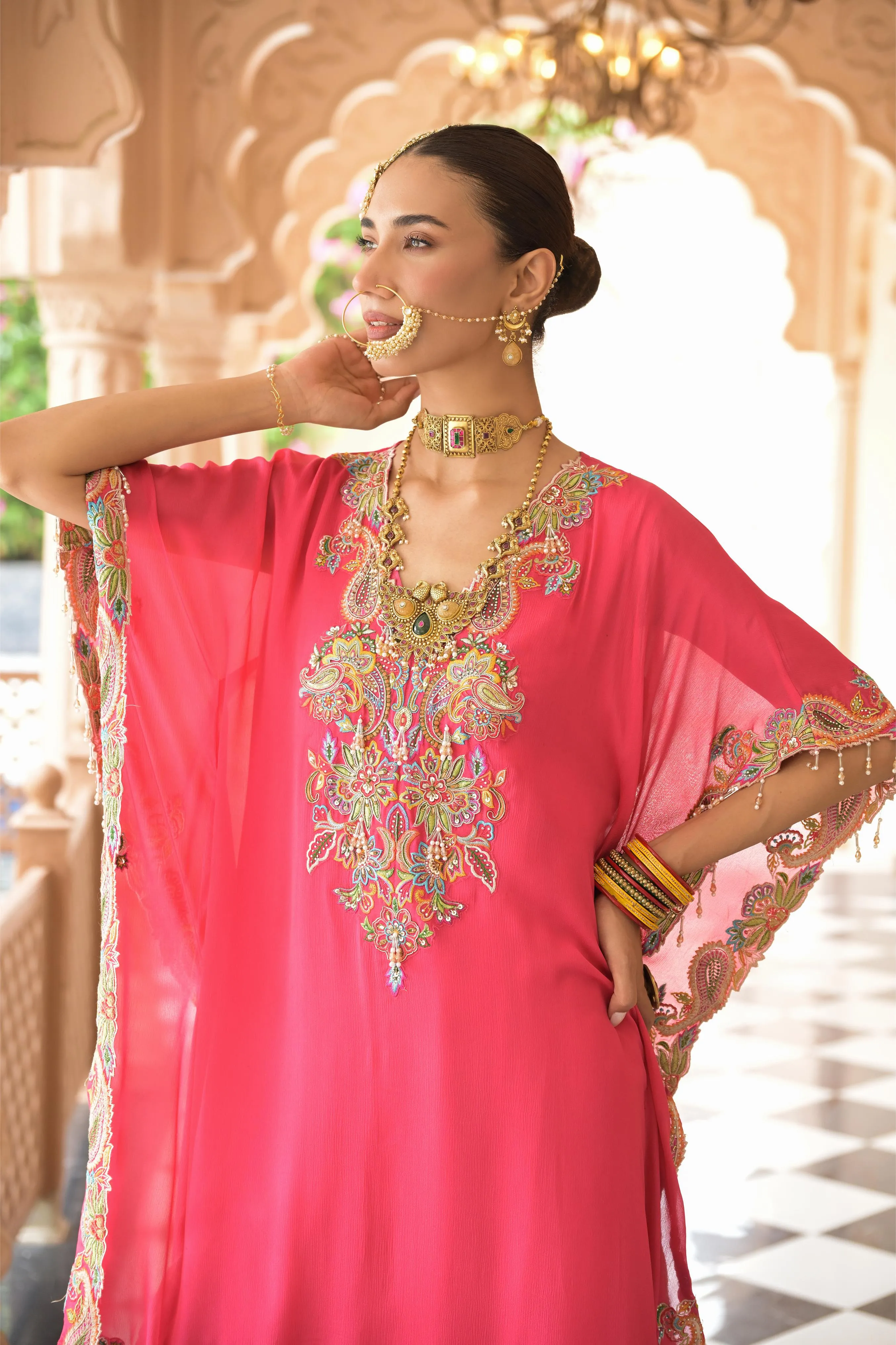 Pink Embroidered Premium Chinon Silk Kaftan Set