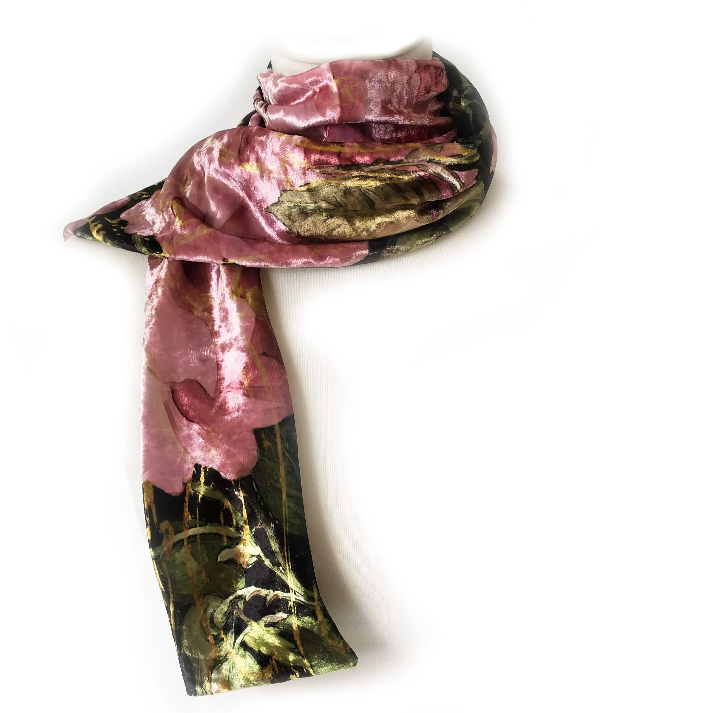 Pink Scroll Rose Scarf Velour Scarf, Womans Scarf, All season, Luminous Scarf, hand painted scarf, artist scarf, Wear all day or evening