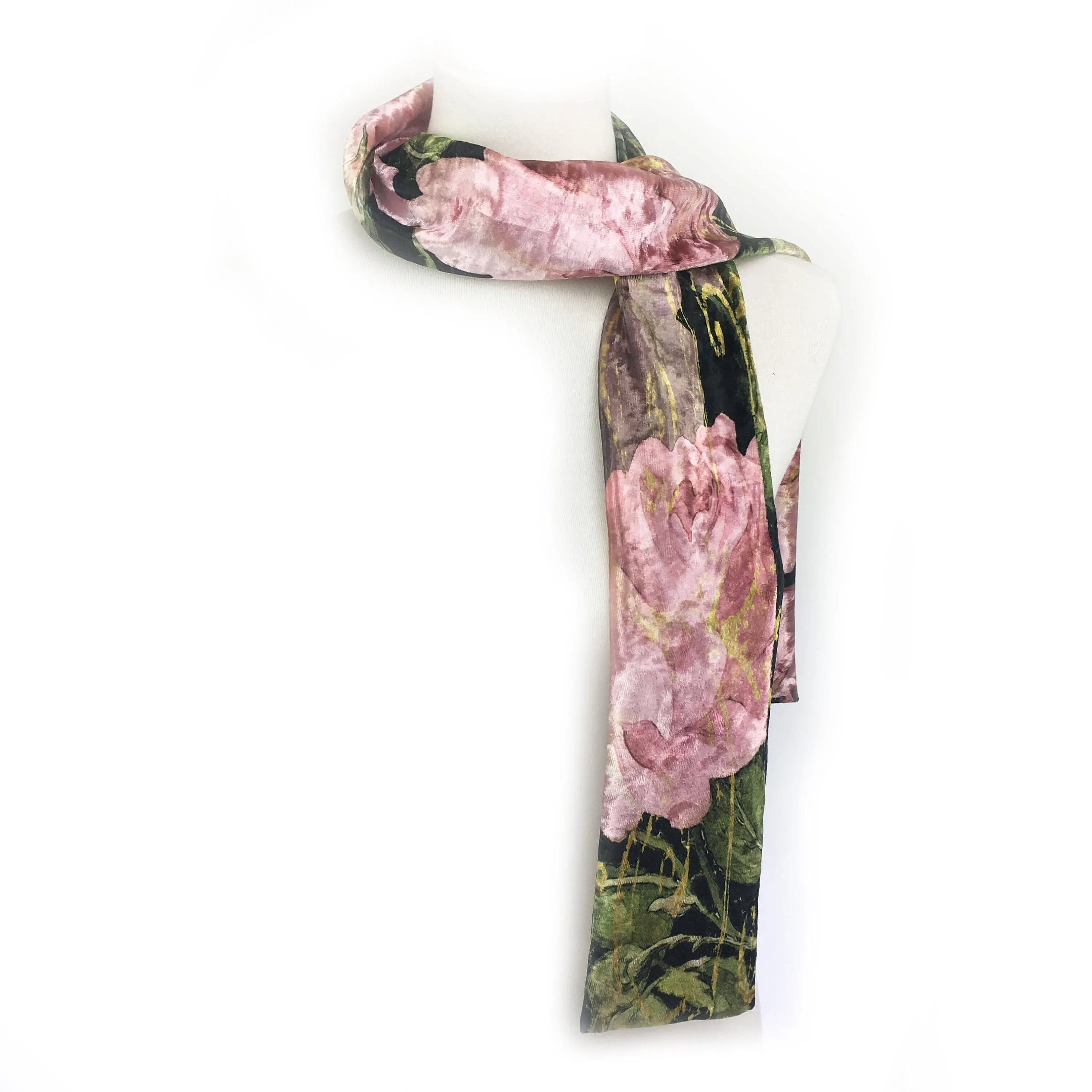 Pink Scroll Rose Scarf Velour Scarf, Womans Scarf, All season, Luminous Scarf, hand painted scarf, artist scarf, Wear all day or evening