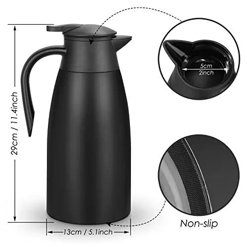 Pitmoly 68Oz Thermal Coffee Carafe, Insulated Double Walled Vacuum Flask, Stainless Steel Beverage Pot Dispenser for Keeping Hot & Cold Water, Milk, Tea (Black)