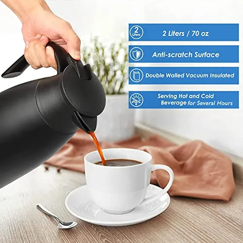 Pitmoly 68Oz Thermal Coffee Carafe, Insulated Double Walled Vacuum Flask, Stainless Steel Beverage Pot Dispenser for Keeping Hot & Cold Water, Milk, Tea (Black)