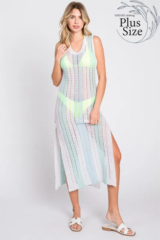 Plus Crochet Beach Striped Cover-Up Dress