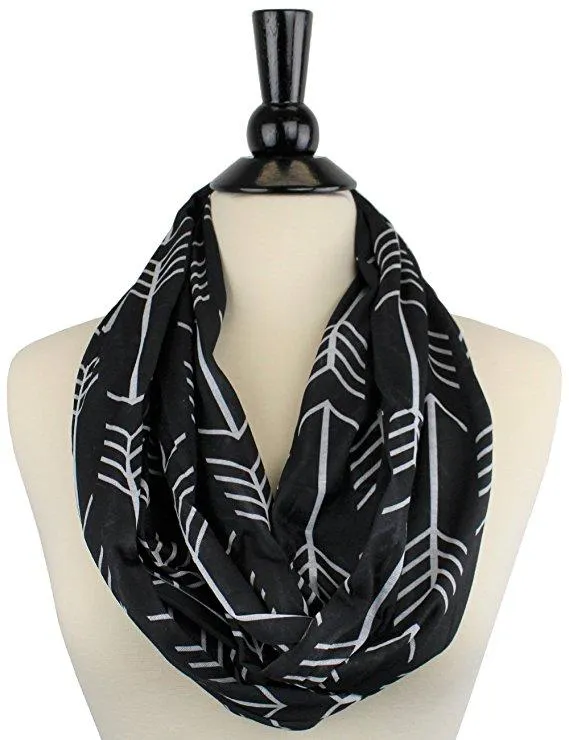 Pop Fashion Women's Arrow Patterned Infinity Scarf with Zipper Pocket, Travel Infinity Scarves