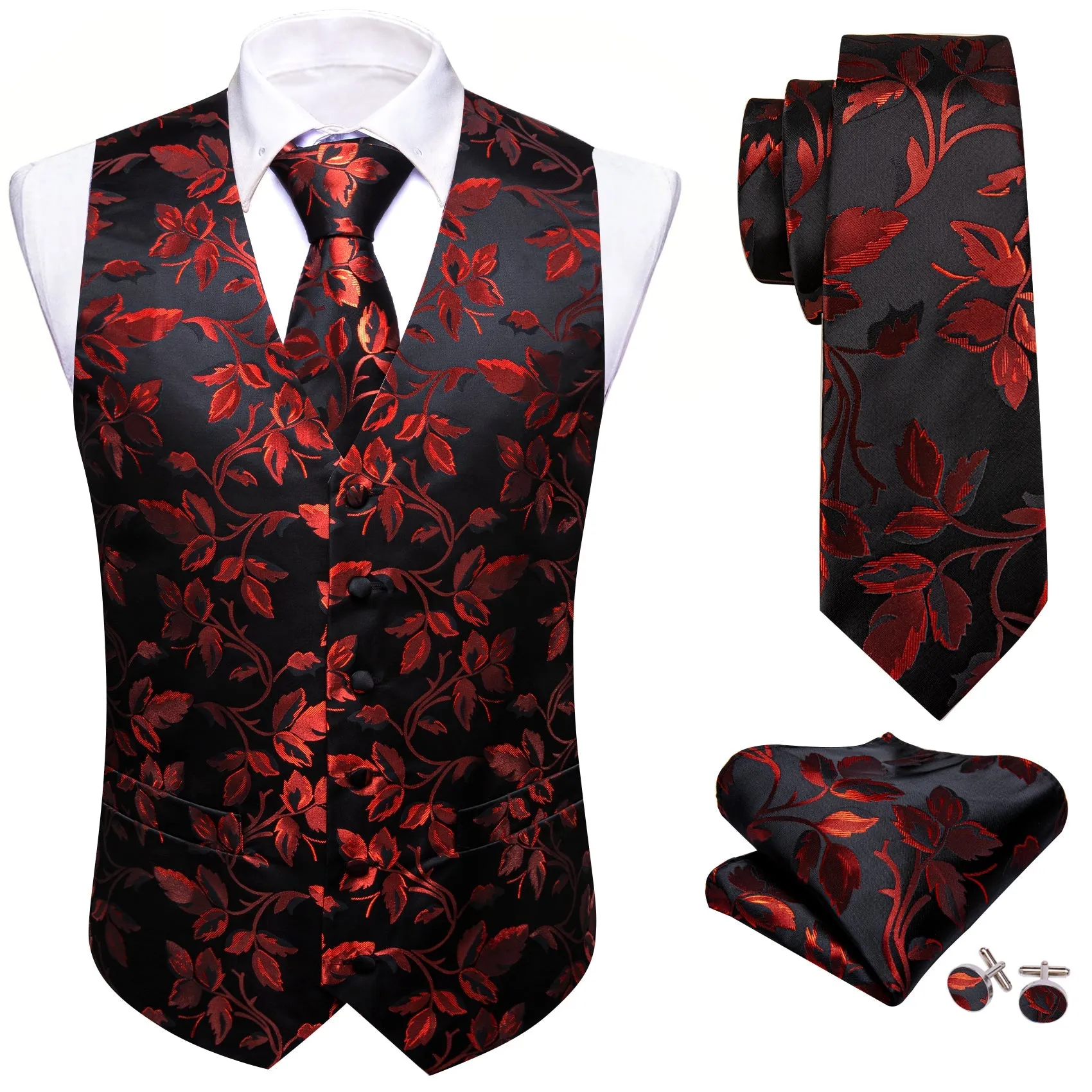 Red Floral Leaf Silk Men's Vest Hanky Cufflinks Tie Set