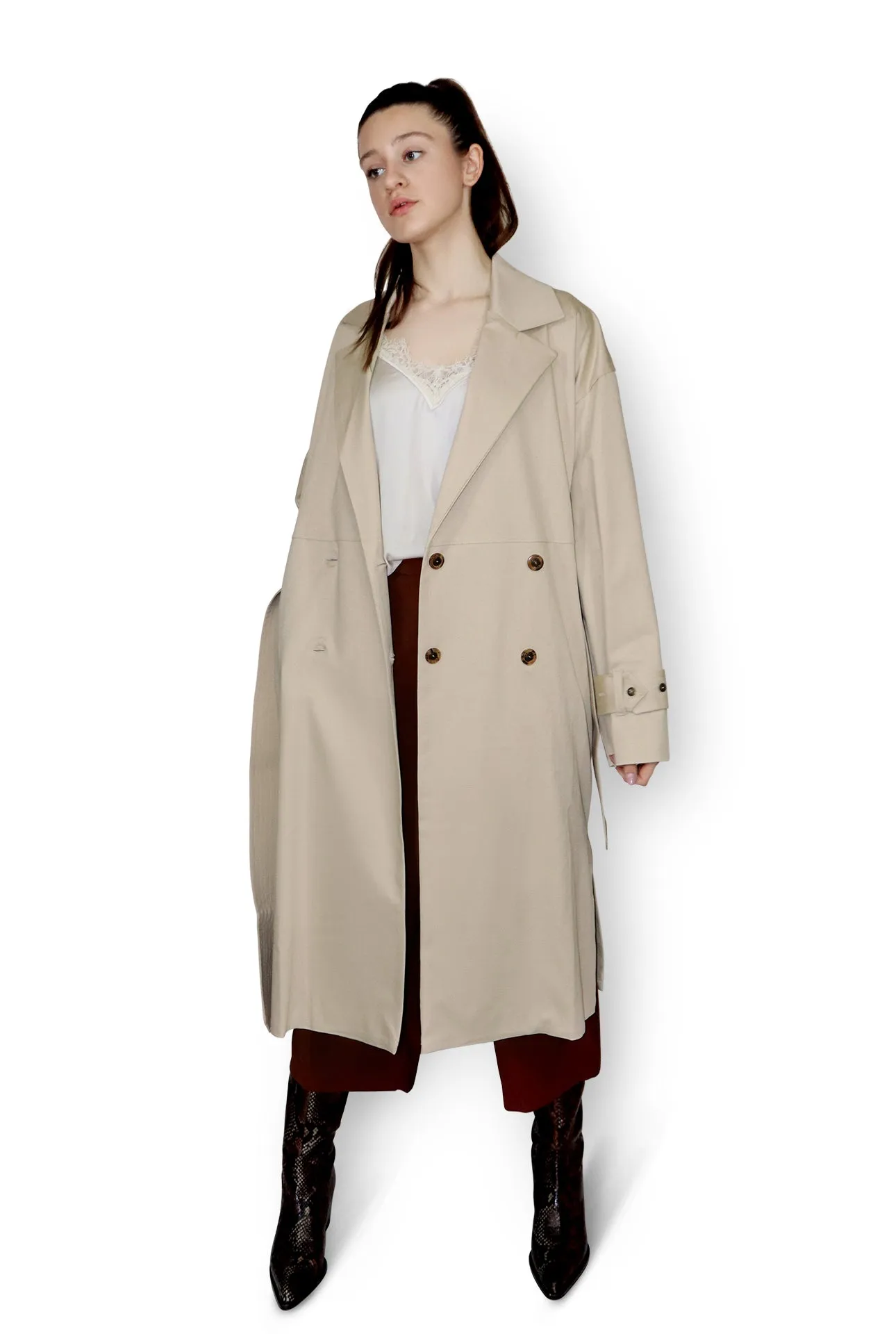 Ruffle Back Trench Coat - Cream