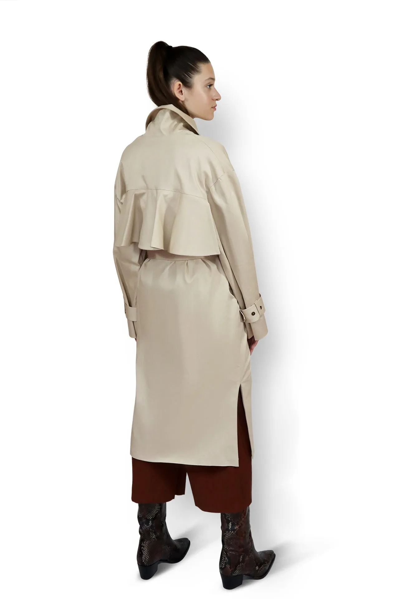 Ruffle Back Trench Coat - Cream