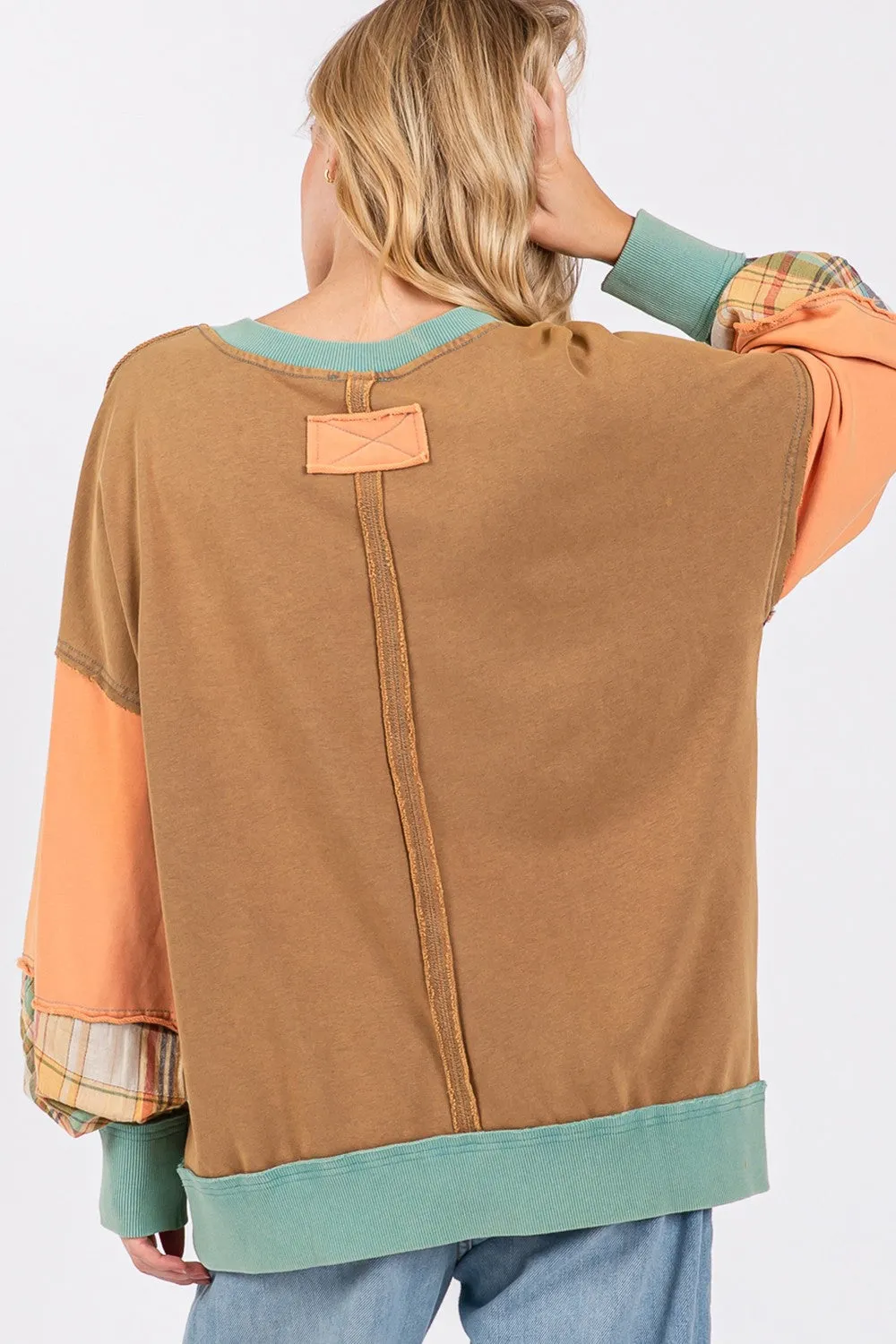 SAGE   FIG Mineral Wash Raw Edge Color Block Sweatshirt