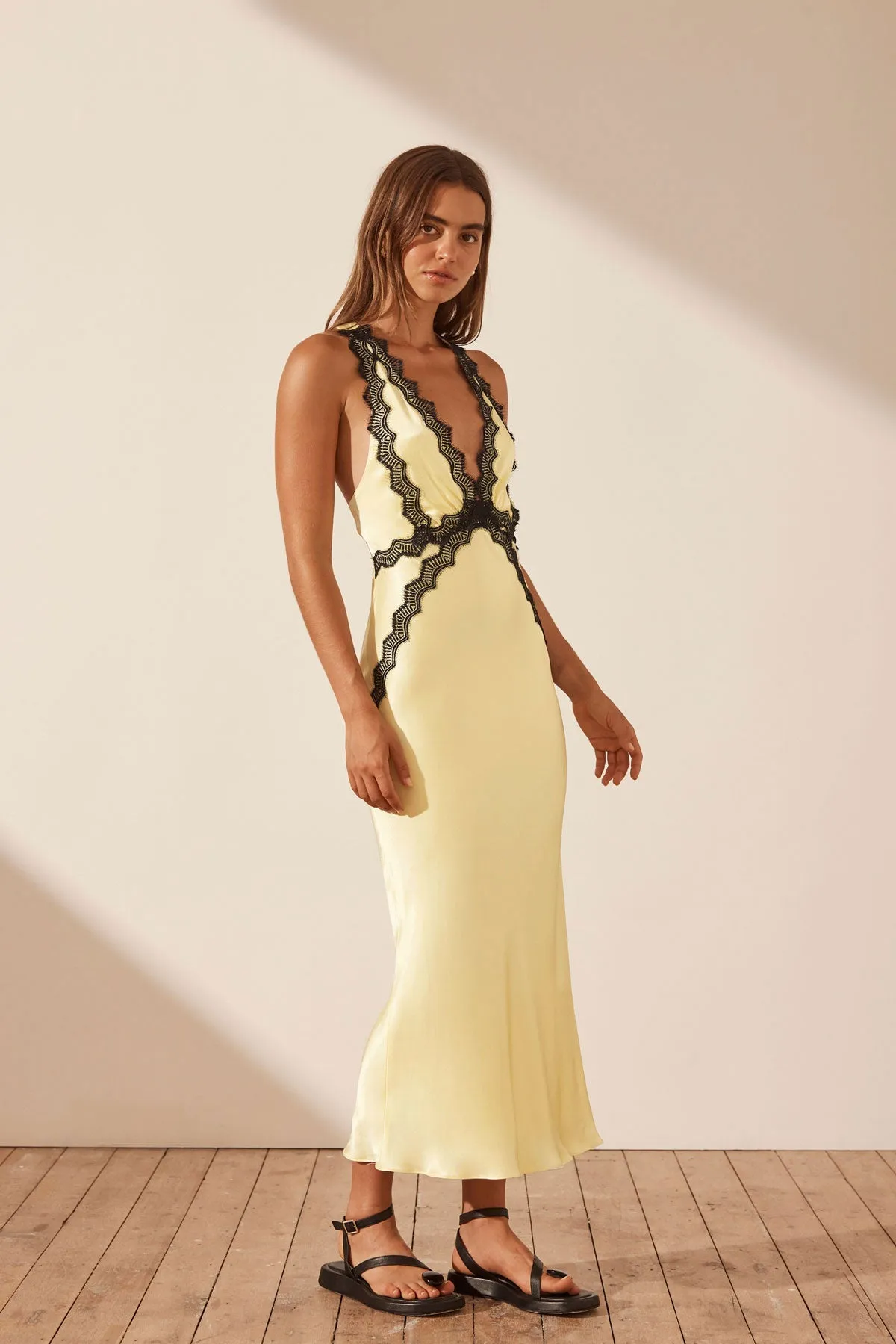 SHONA JOY CAMILLE LACE CROSS BACK MIDI DRESS - LIMONCELLO/ BLACK