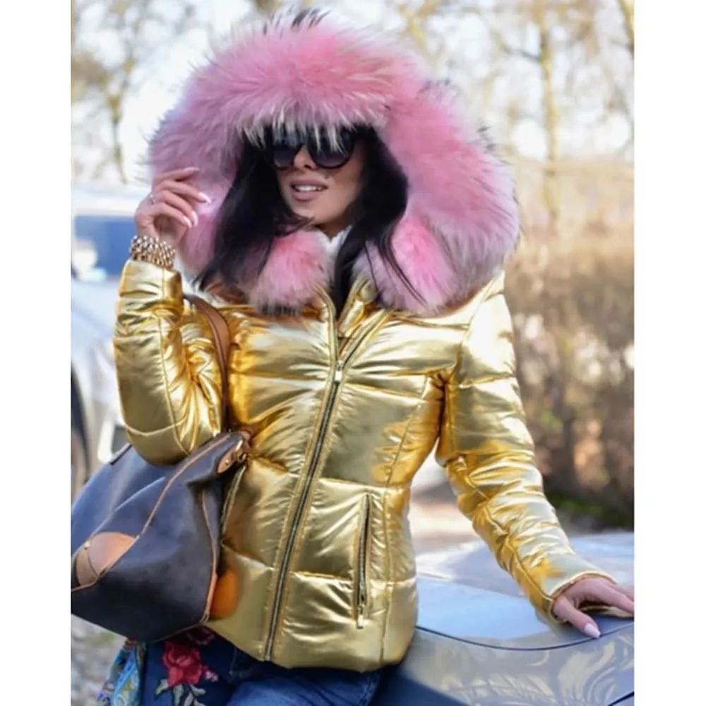 Side Zip Faux Fur Hooded Shiny Quilted Coat