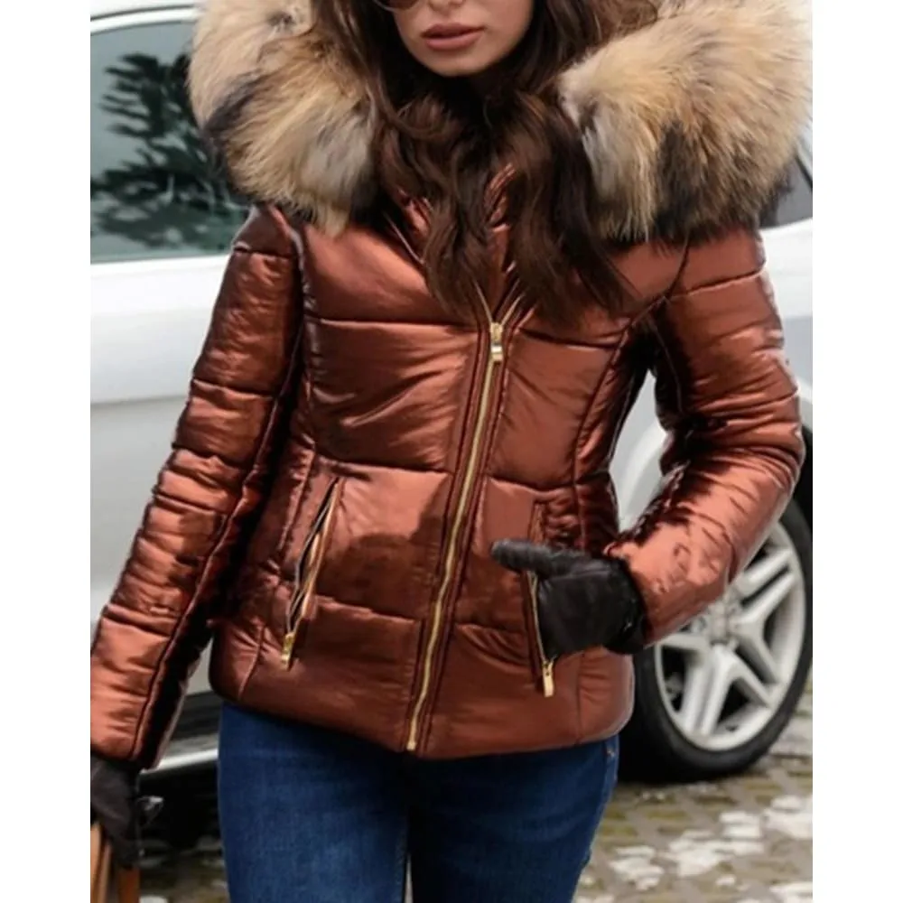 Side Zip Faux Fur Hooded Shiny Quilted Coat