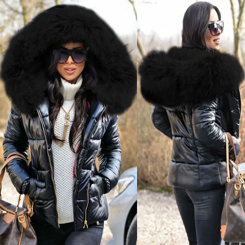 Side Zip Faux Fur Hooded Shiny Quilted Coat