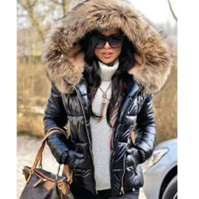 Side Zip Faux Fur Hooded Shiny Quilted Coat