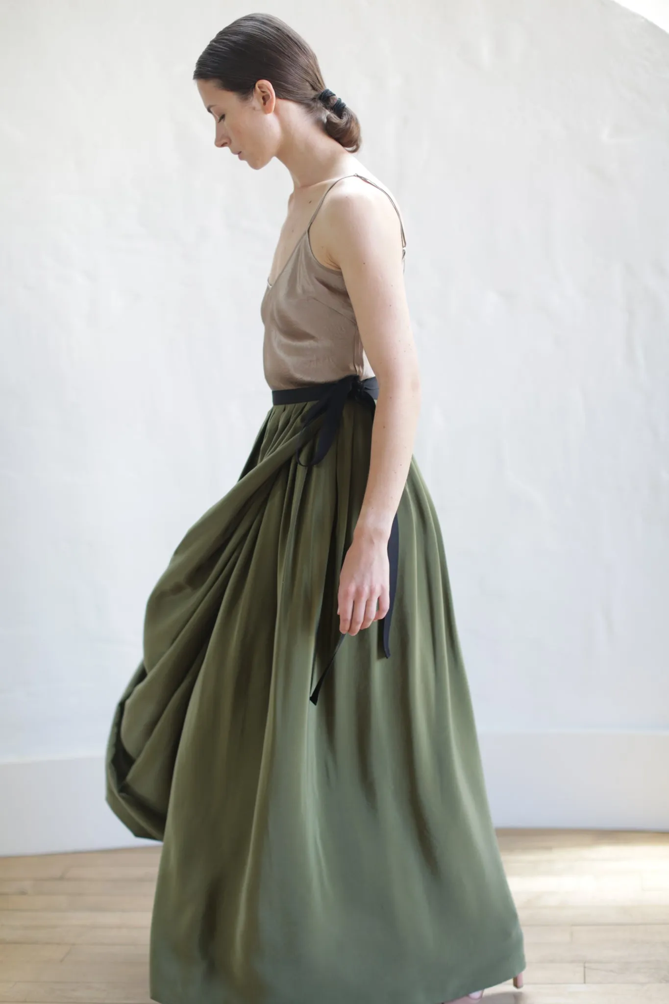 Silk Pleated Long Wrap Skirt | Olive