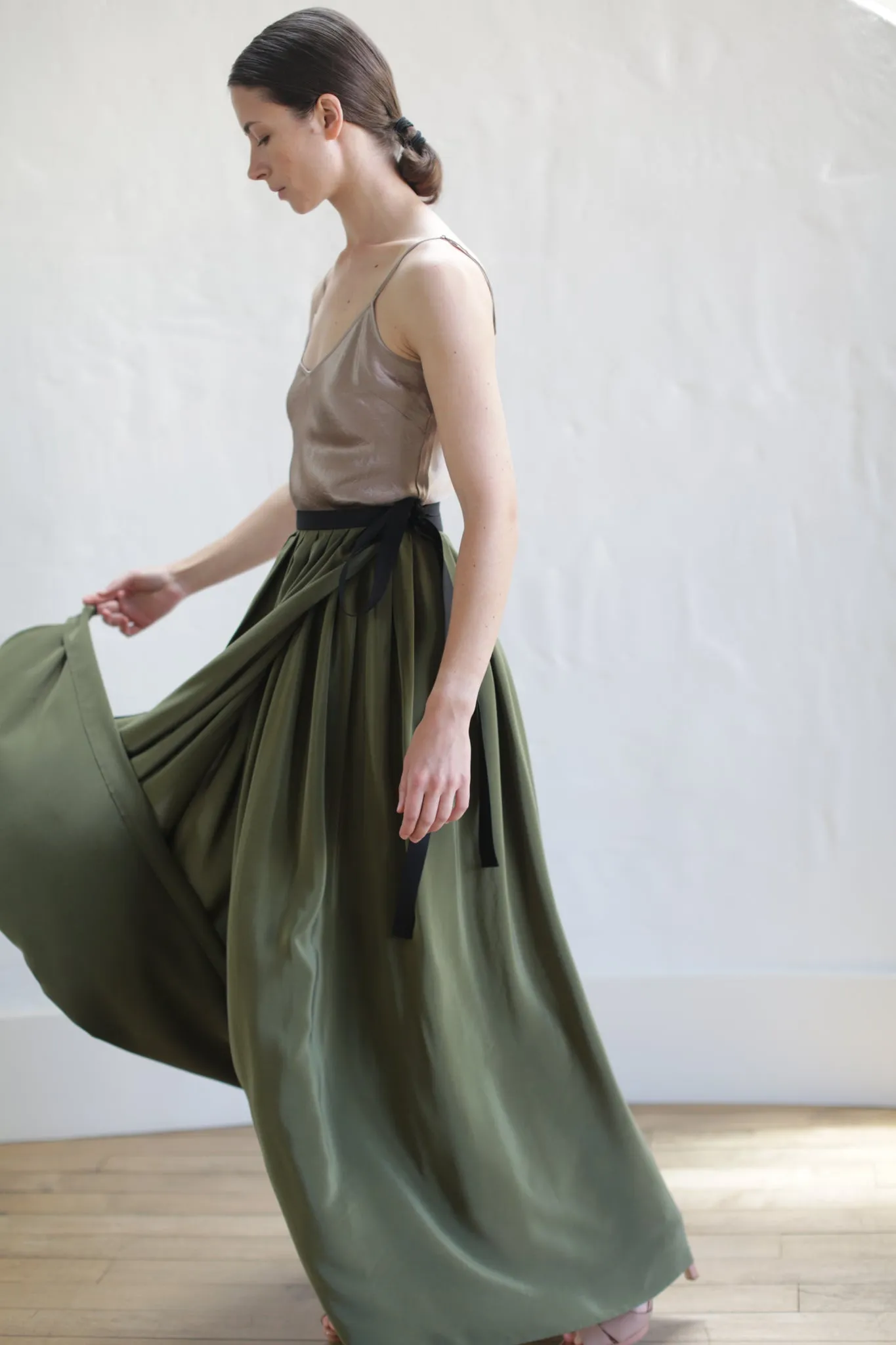 Silk Pleated Long Wrap Skirt | Olive