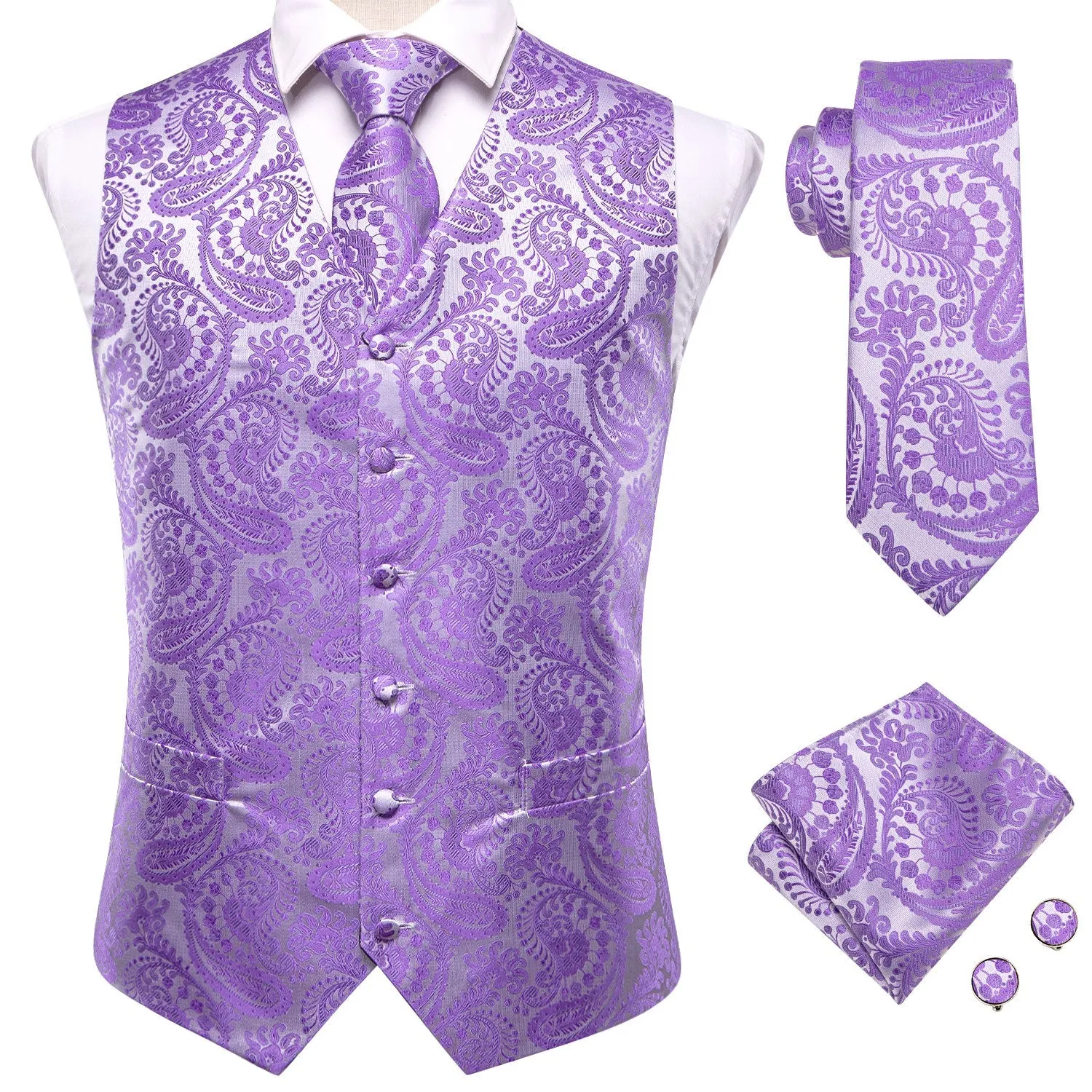 Silver Purple Paisley Jacquard Silk Men's Vest Hanky Cufflinks Tie Set