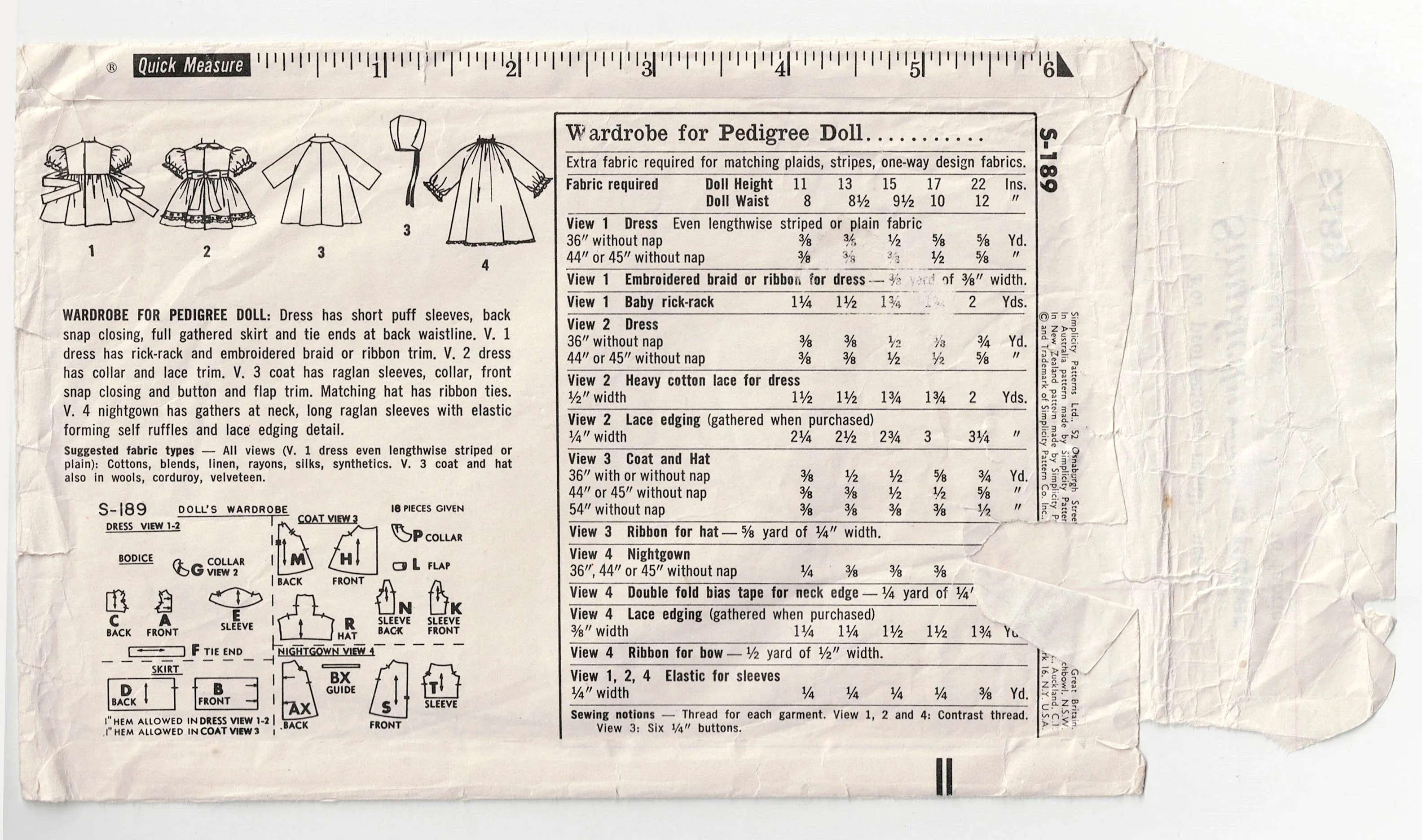 Simplicity s.189 Retro Wardrobe For Large 22 inch Baby Walker Dolls  1960s Vintage Sewing Pattern