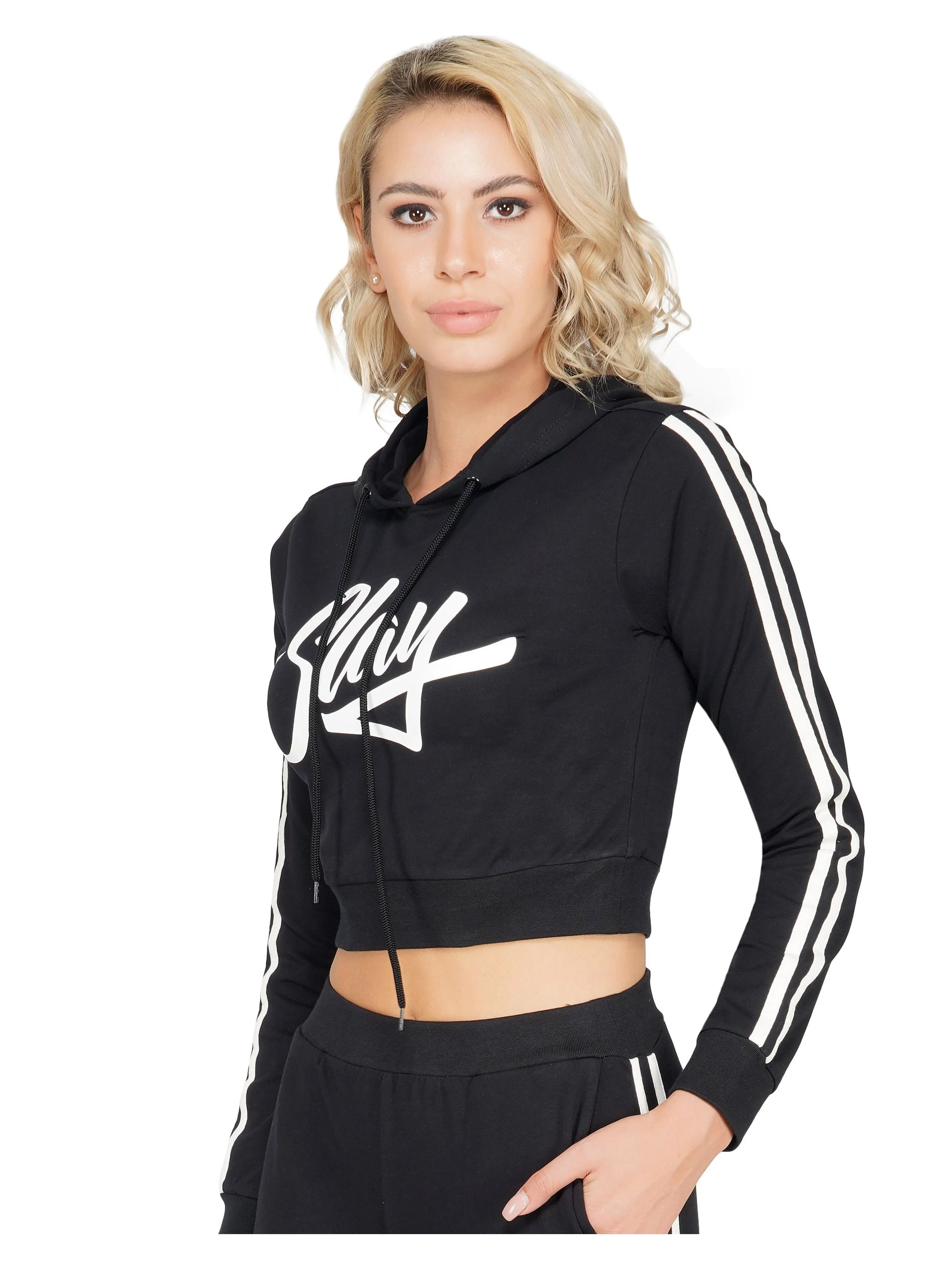 SLAY. Women's Printed Cropped Hoodie in Black