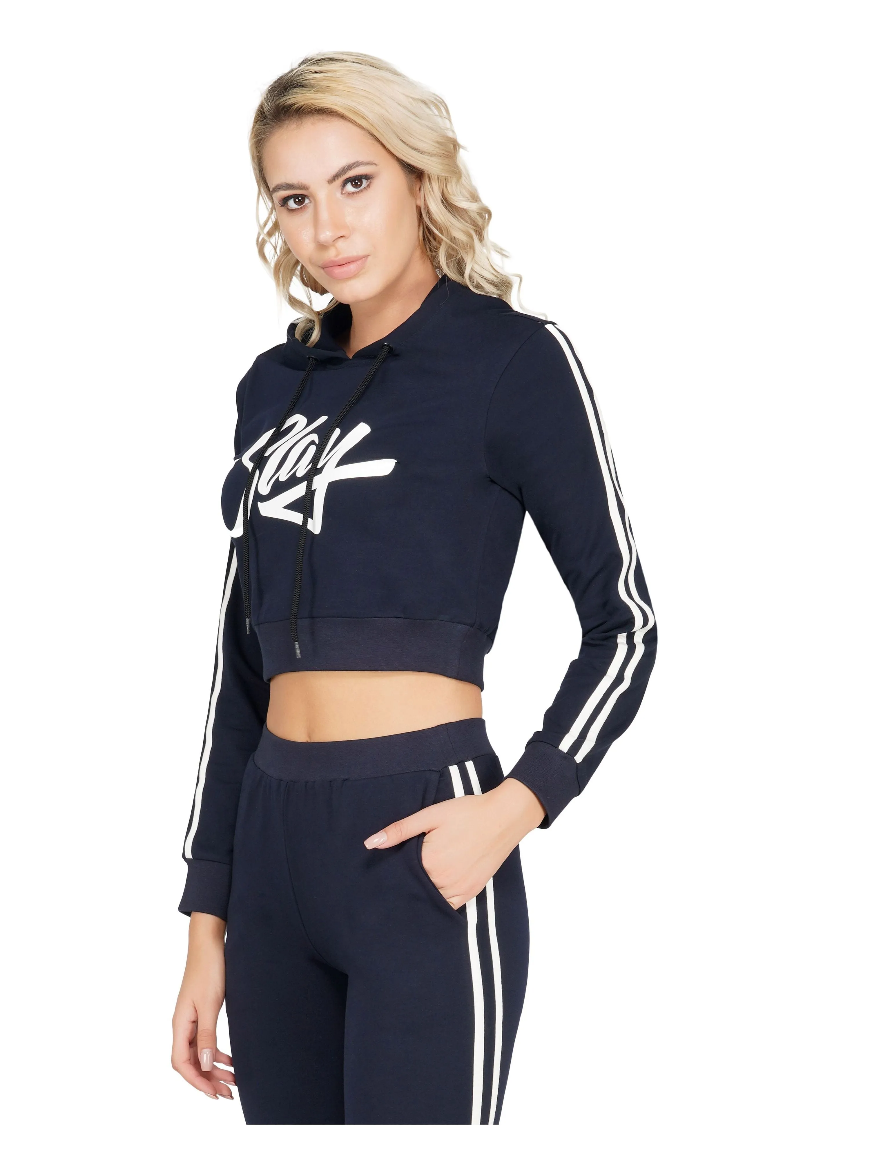 SLAY. Women's Printed Cropped Navy Blue Hoodie