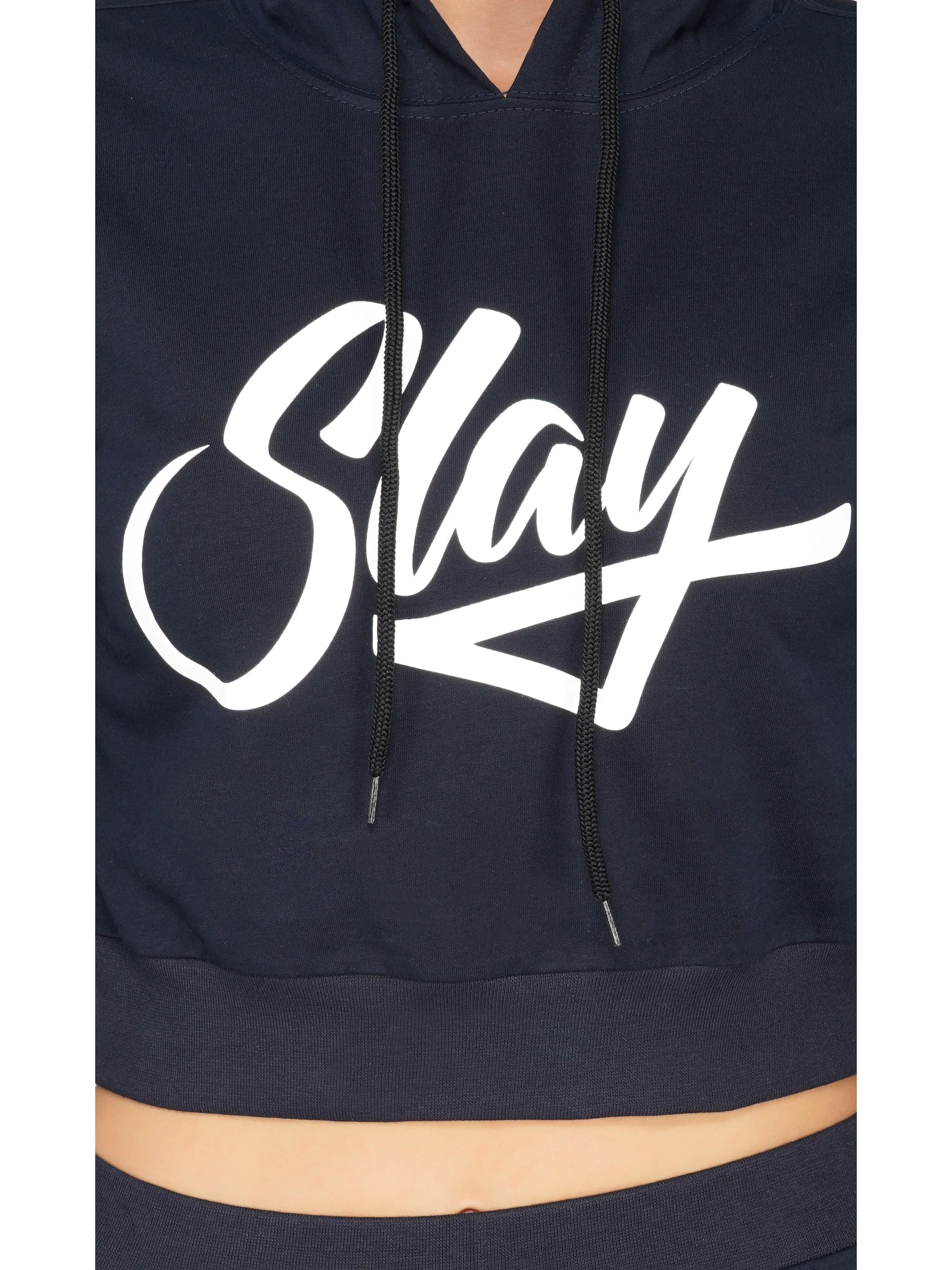 SLAY. Women's Printed Cropped Navy Blue Hoodie