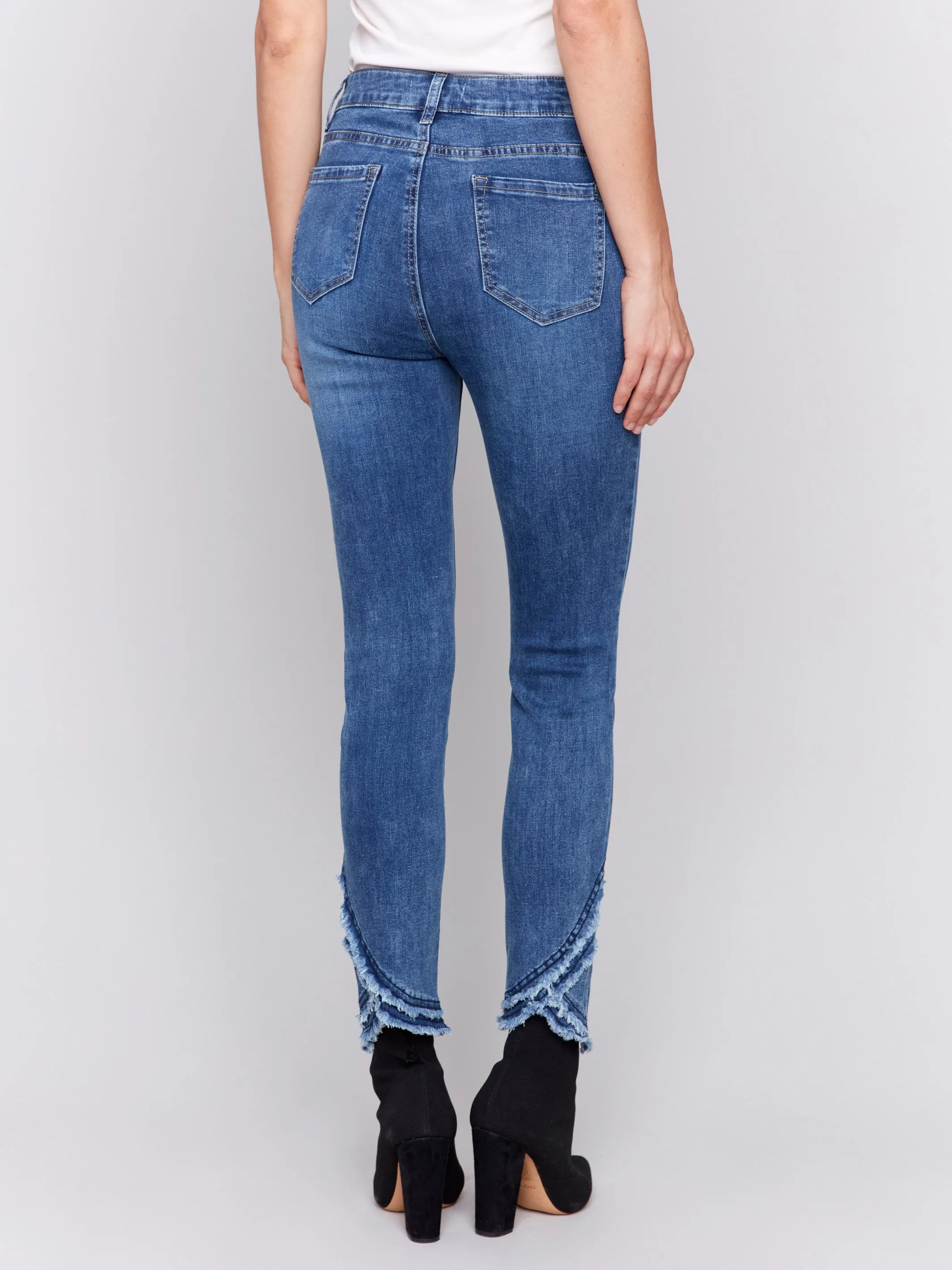 Slim Fit Jeans with Frayed Tulip Hem - Medium Blue