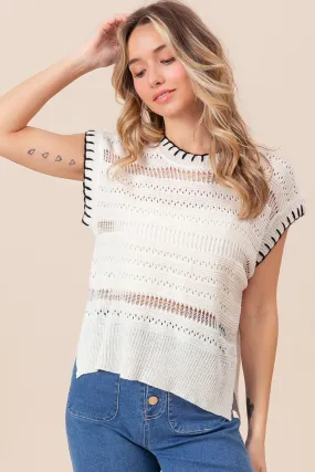 Stitch Edge Pointelle Side Slit Sweater Vest