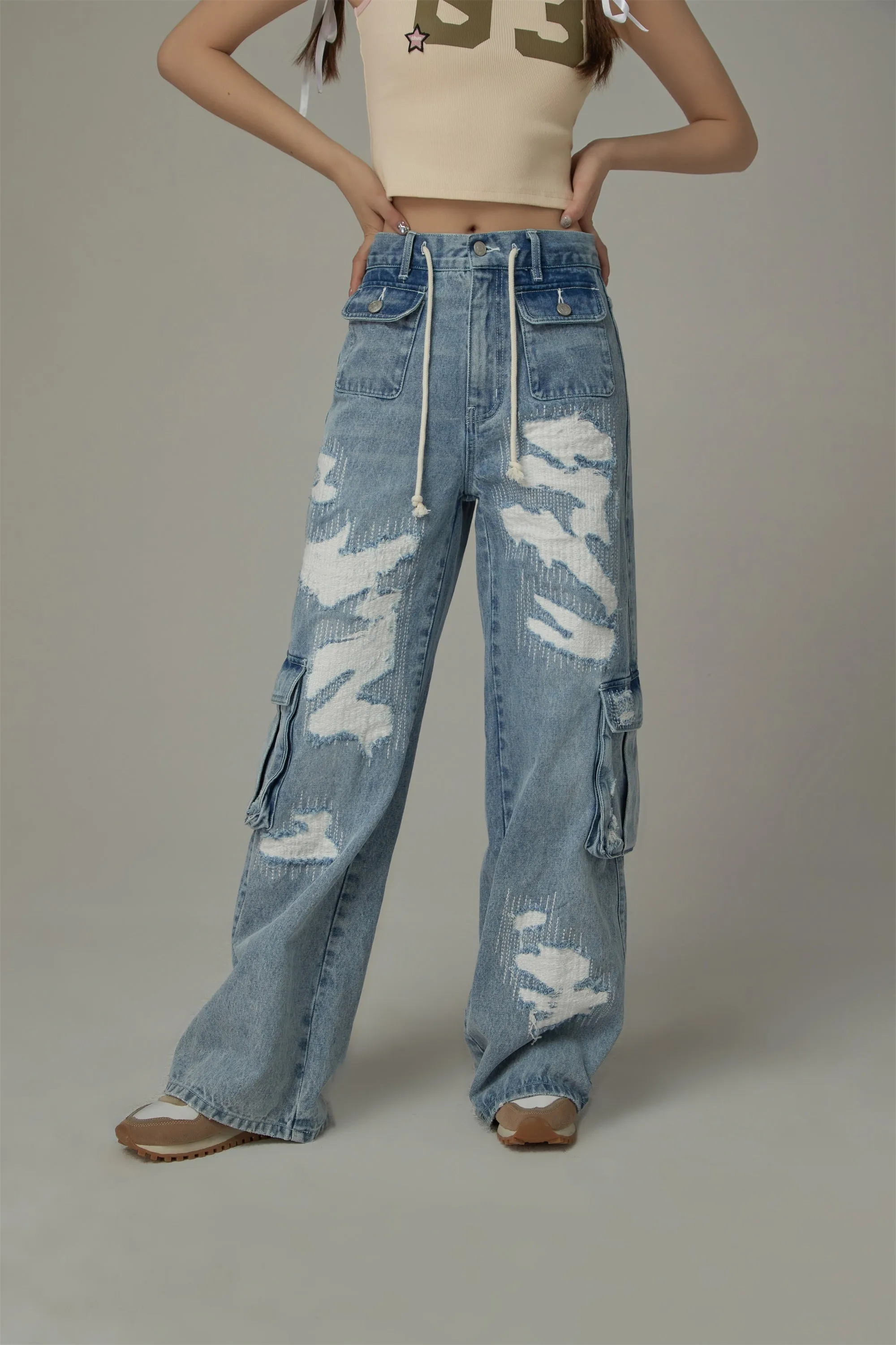 String Pocket Wide Denim Jeans