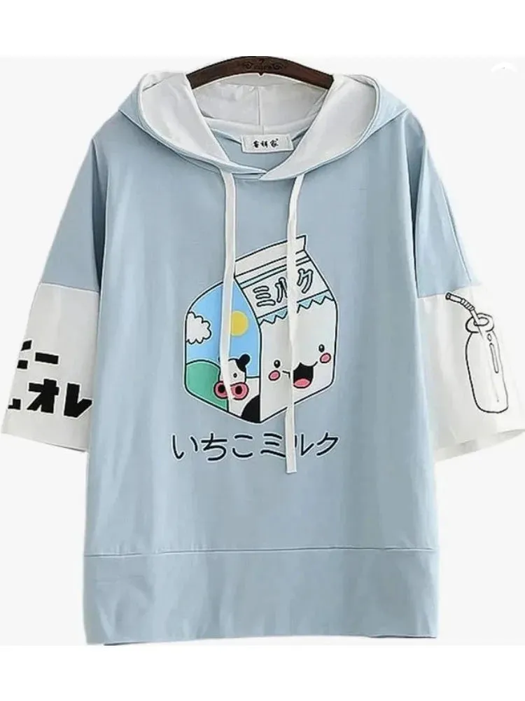 Summer Hooded T Shirts cartoon print short Sleeve cotyon Tee Shirt Femme Pink White Women Basic T-Shirt Casual Female Tops