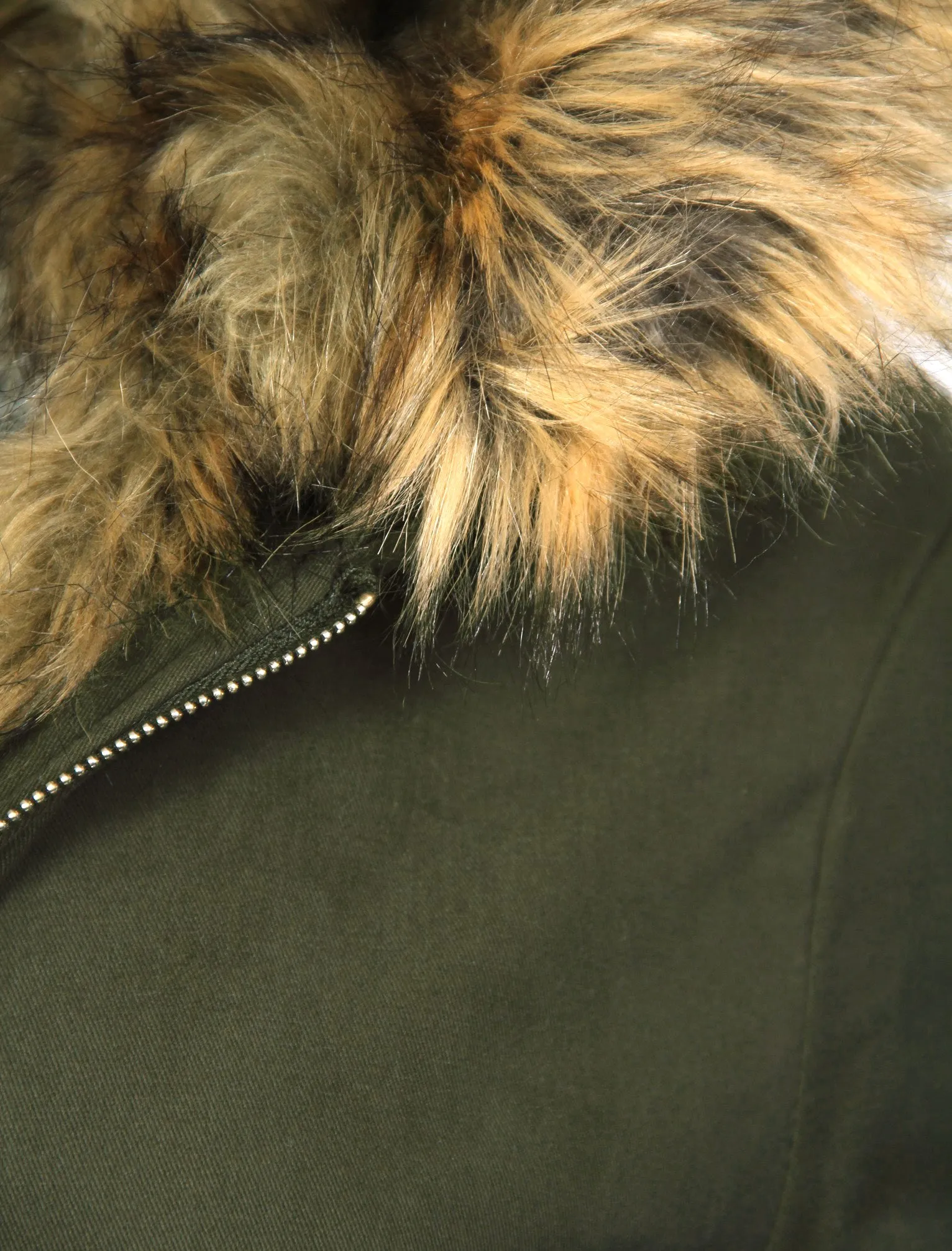 Teegan Parka Jacket in Khaki with Detachable Tipped Brown Fur Hood - Tokyo Laundry