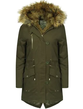 Teegan Parka Jacket in Khaki with Detachable Tipped Brown Fur Hood - Tokyo Laundry