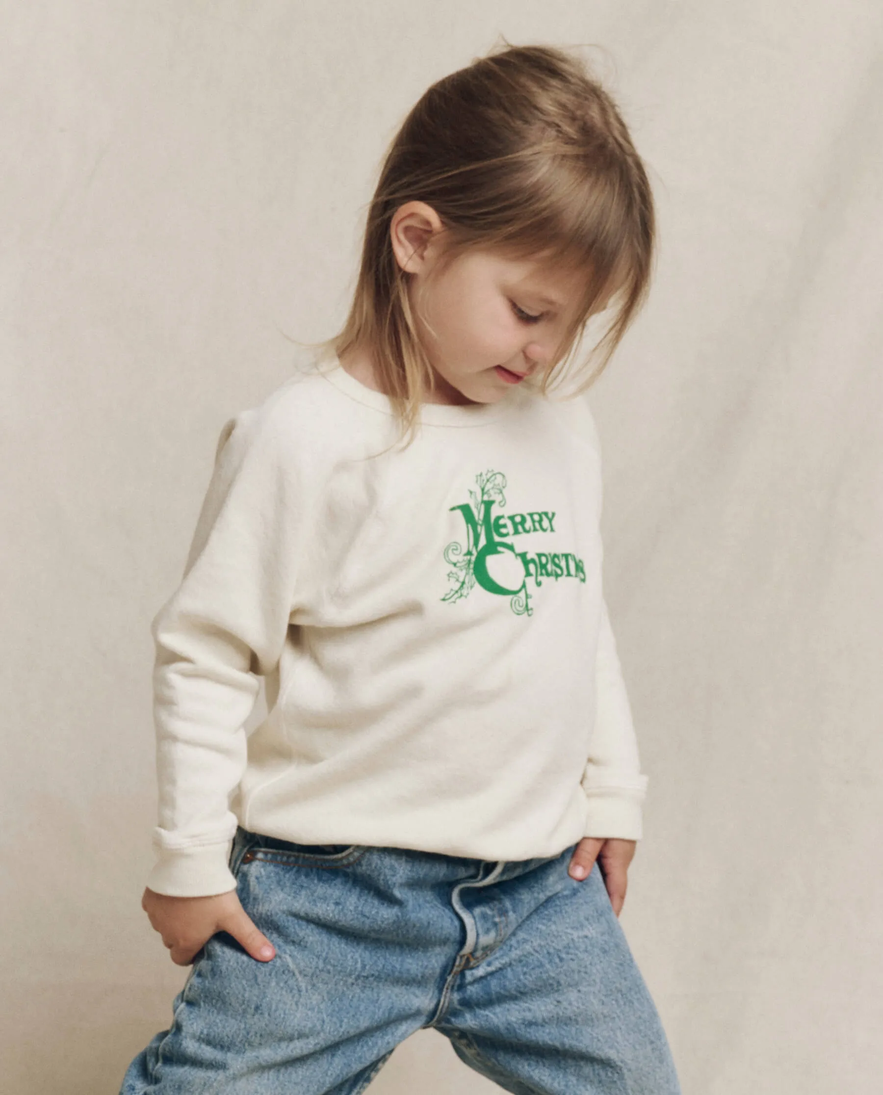 The Little College Sweatshirt. Graphic -- Washed White with Merry Christmas Graphic