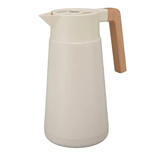 Thermal Coffee Carafe, Long Thermal Insulation Anti Scalding One Click Water Pressure Thermal Carafe with Beech Wood Handle for Office (White)