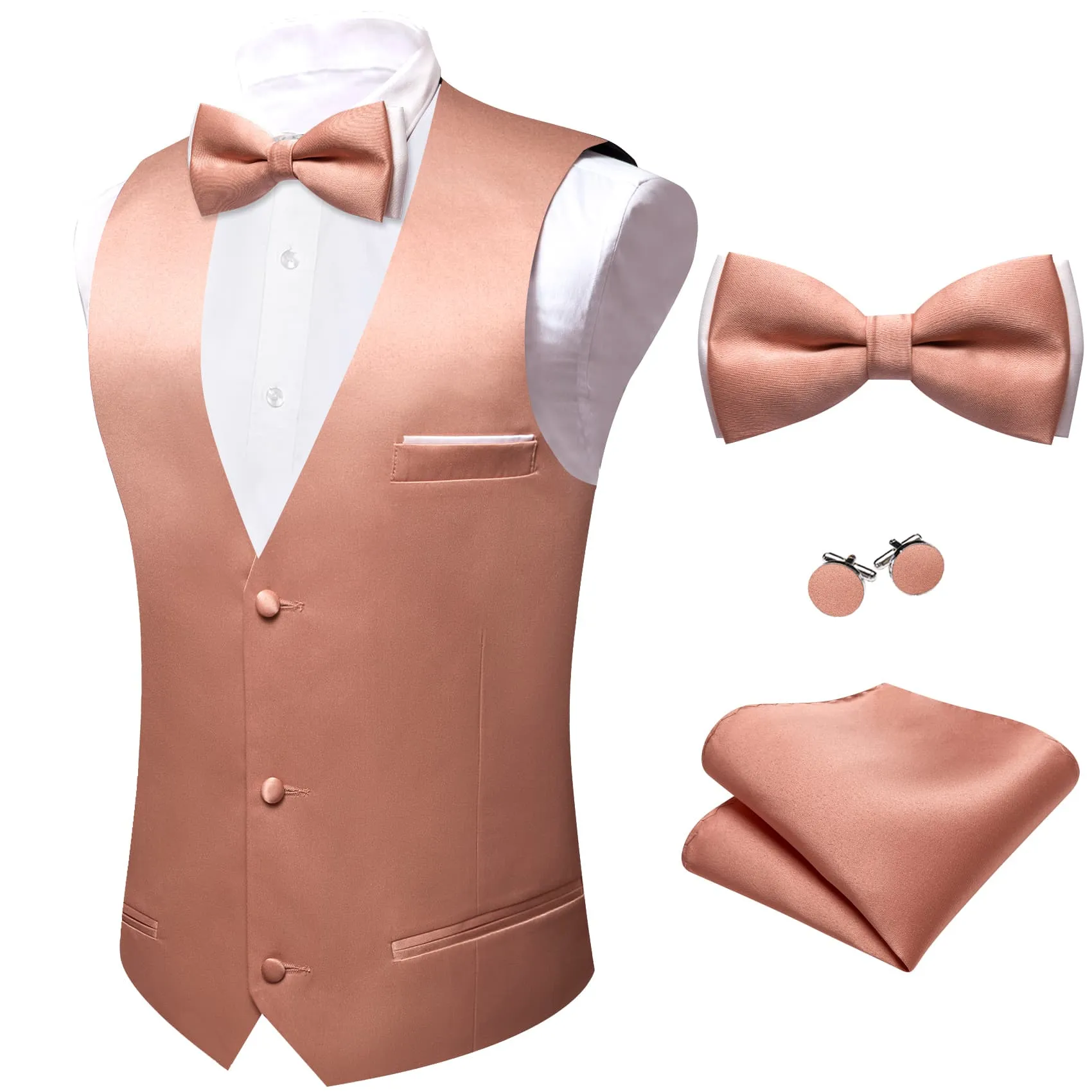 Ties2you Dress Vest Light Coral Solid V-Neck Waistcoat Mens Vest Bow Tie Set