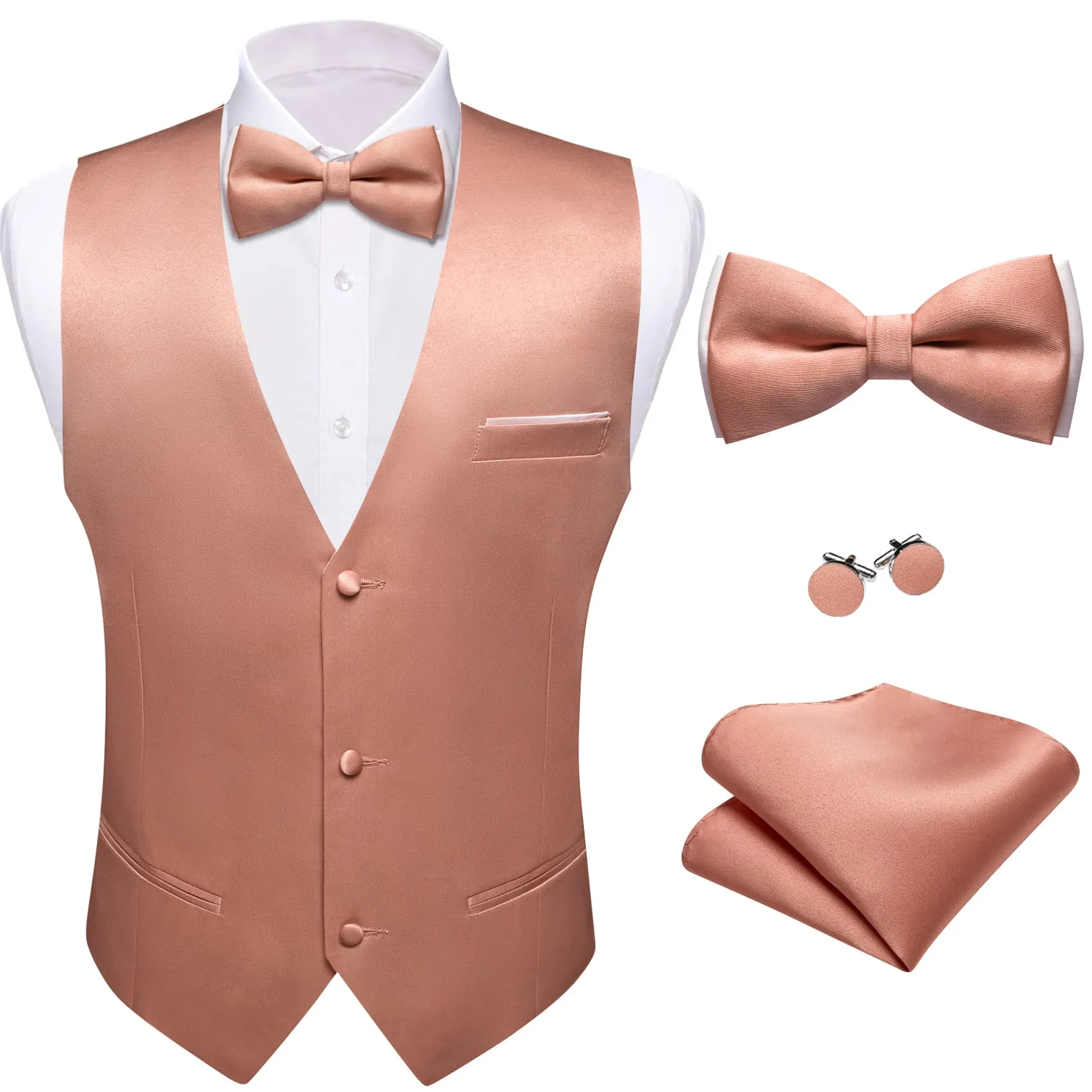 Ties2you Dress Vest Light Coral Solid V-Neck Waistcoat Mens Vest Bow Tie Set