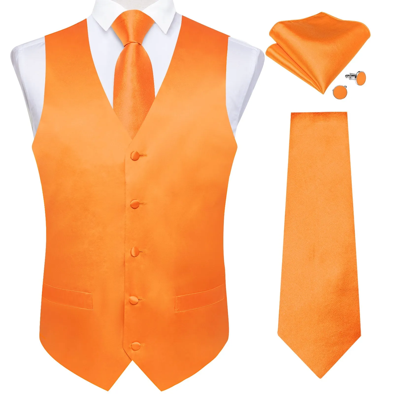 Ties2you Mens Vest Solid Orange Vest and Tie Hanky Cufflinks Set