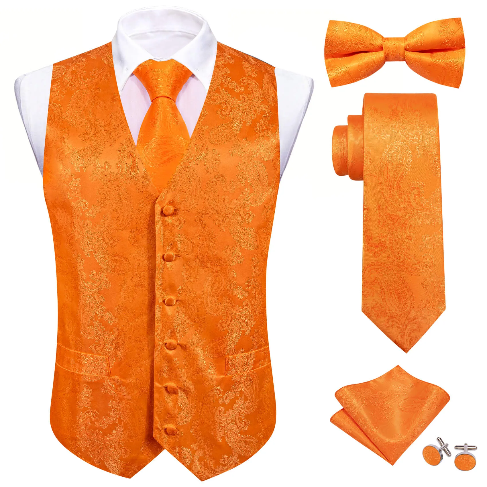 Ties2you Men's Vest Tiger Orange Paisley Silk Vest Tie Bow Tie Set