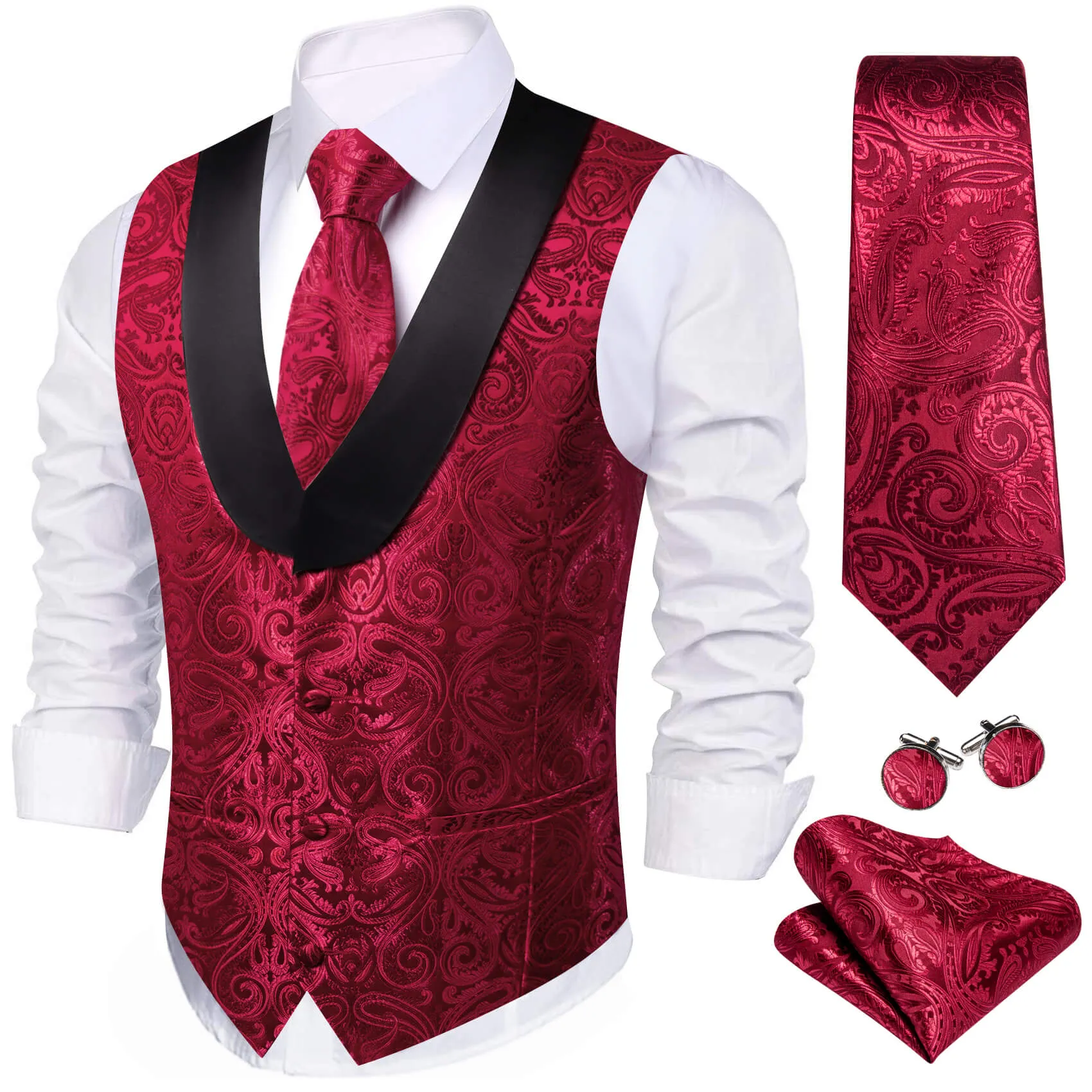 Ties2you Shawl Collar Vest Burgundy Red Jacquard Paisley Silk Men's Vest Tie Hanky Cufflinks Set