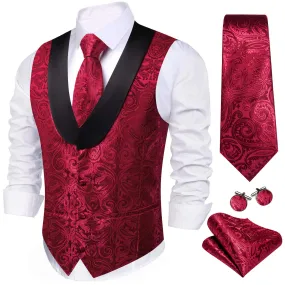 Ties2you Shawl Collar Vest Burgundy Red Jacquard Paisley Silk Men's Vest Tie Hanky Cufflinks Set