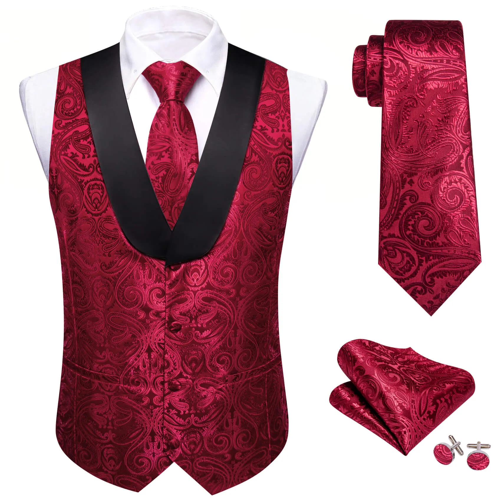 Ties2you Shawl Collar Vest Burgundy Red Jacquard Paisley Silk Men's Vest Tie Hanky Cufflinks Set