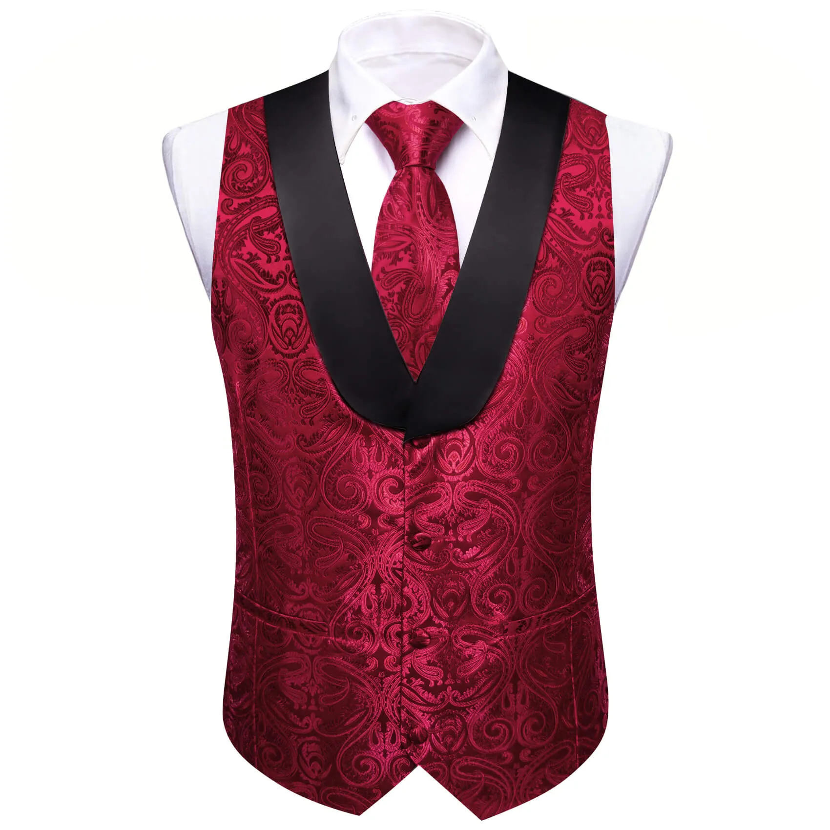 Ties2you Shawl Collar Vest Burgundy Red Jacquard Paisley Silk Men's Vest Tie Hanky Cufflinks Set