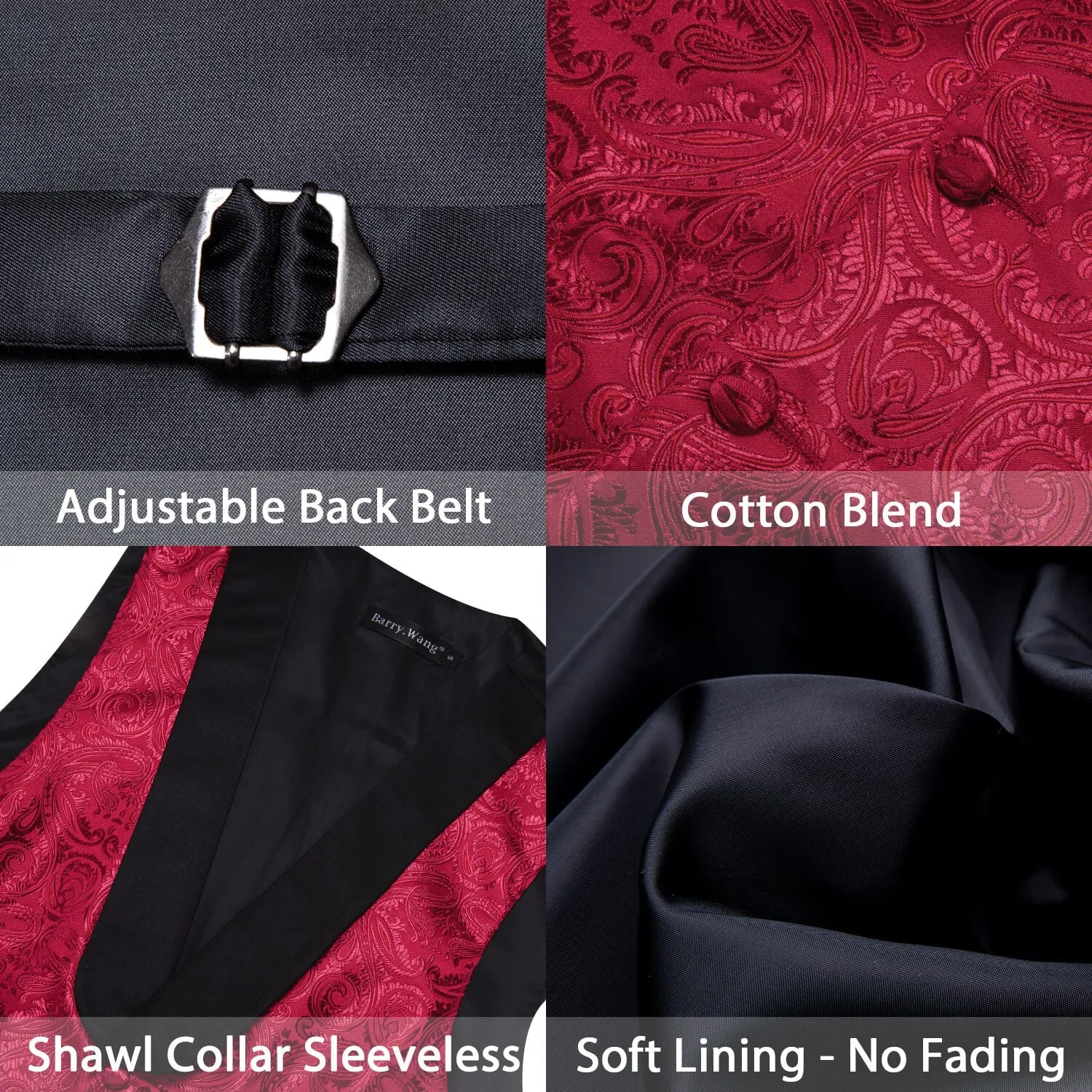 Ties2you Shawl Collar Vest Burgundy Red Jacquard Paisley Silk Men's Vest Tie Hanky Cufflinks Set