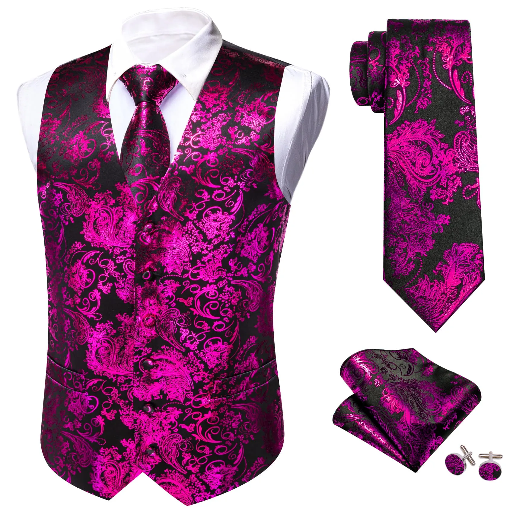 Ties2you Vest for Men Black Purple Floral V Neck Hot Stamping Silk Vest Dress Tie Set for Wedding